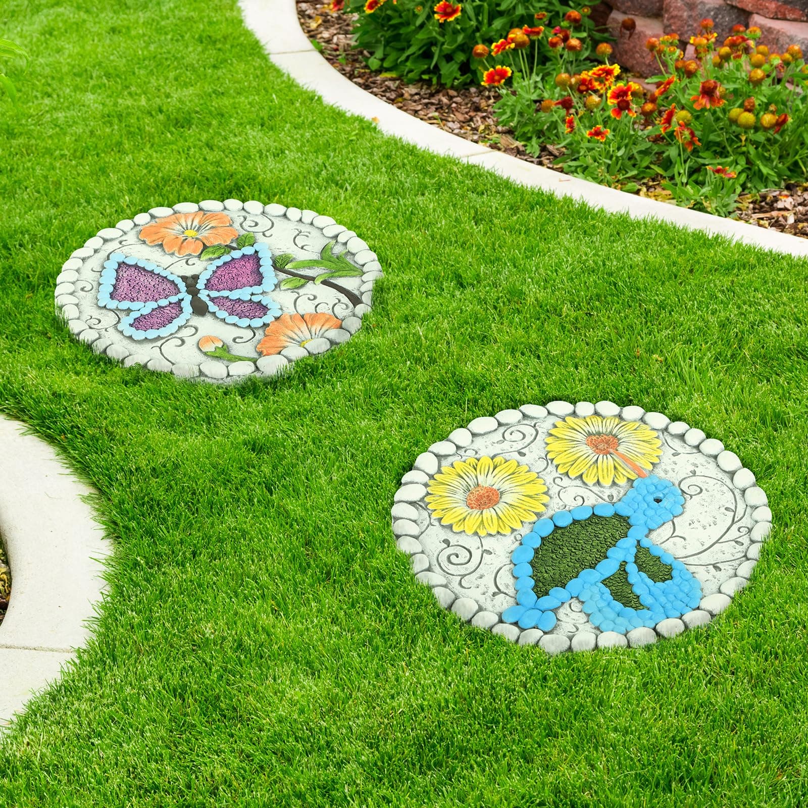 Garden Stepping Stones Set of 2 Butterfly Outdoor Garden Decor 10 inch Round Decorative Stones Pavers for Garden Walkway Landscaping, Hummingbird Gifts (N6-YYD334) 9.8 x 9.8 x 0.6 inches Butterfly Hummingbird