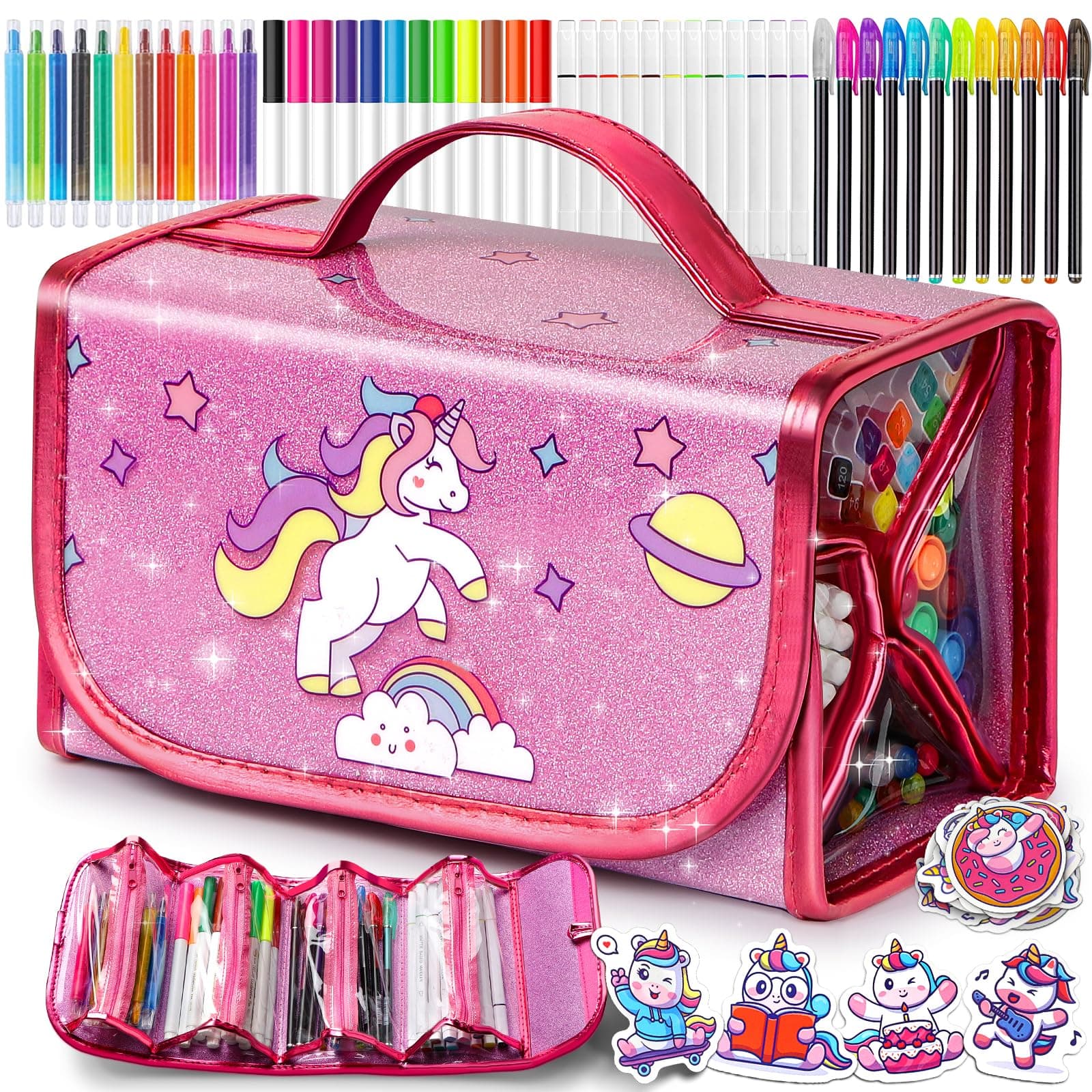 beefunni Unicorn Washable Markers Set 48 pcs with Glitte Pencil Case, Art Supplies for Kids Ages 4-6-8, Arts Crafts Coloring Set with Stickers - Birthday Gifts for Girls 4 5 6 7 8 9 Year Old Hot Pink