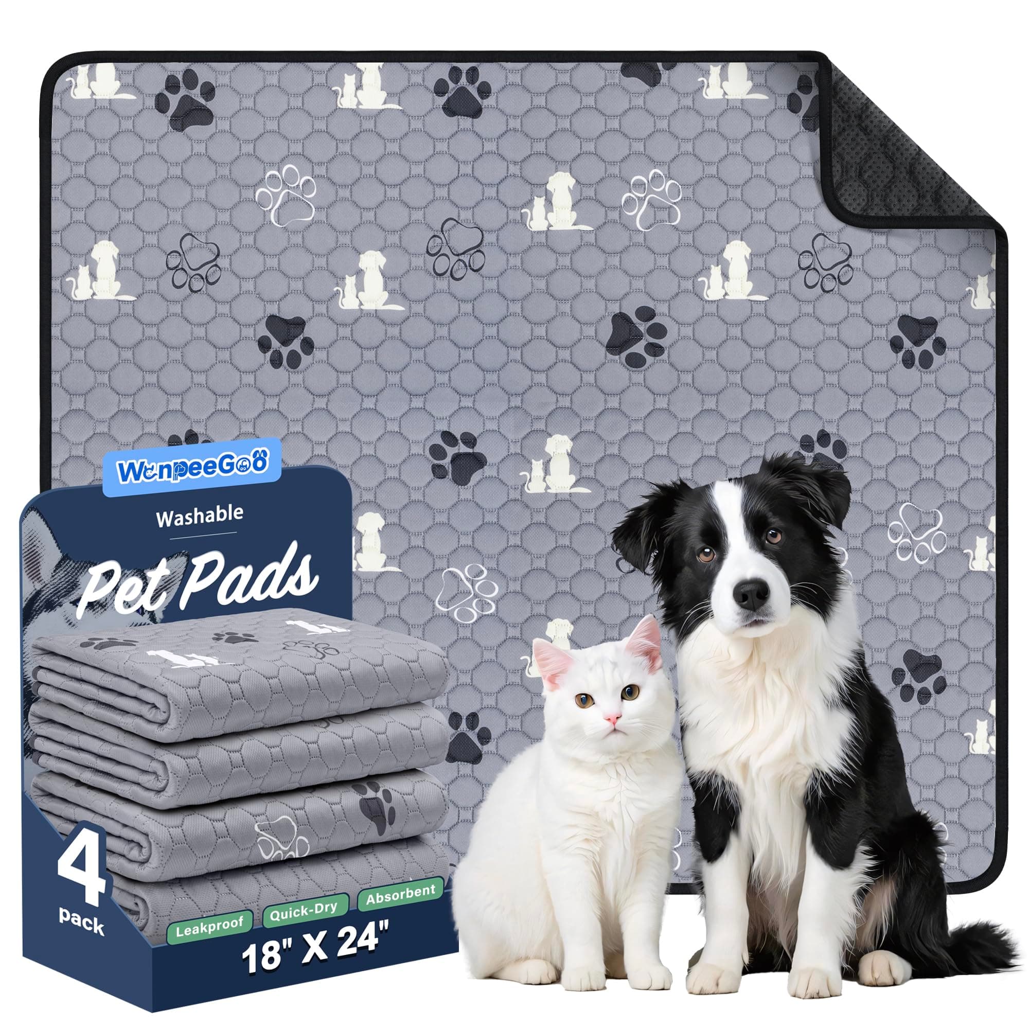 Washable Pee Pads for Dogs, 4 Pack Absorbent Reusable Training Dog Pads Pet Puppy Pads, Non-Slip Potty Pads for Whelping, Playpen, Crate, Bed, Grey 18"x24" Gray 18"x24"(Pack of 4)