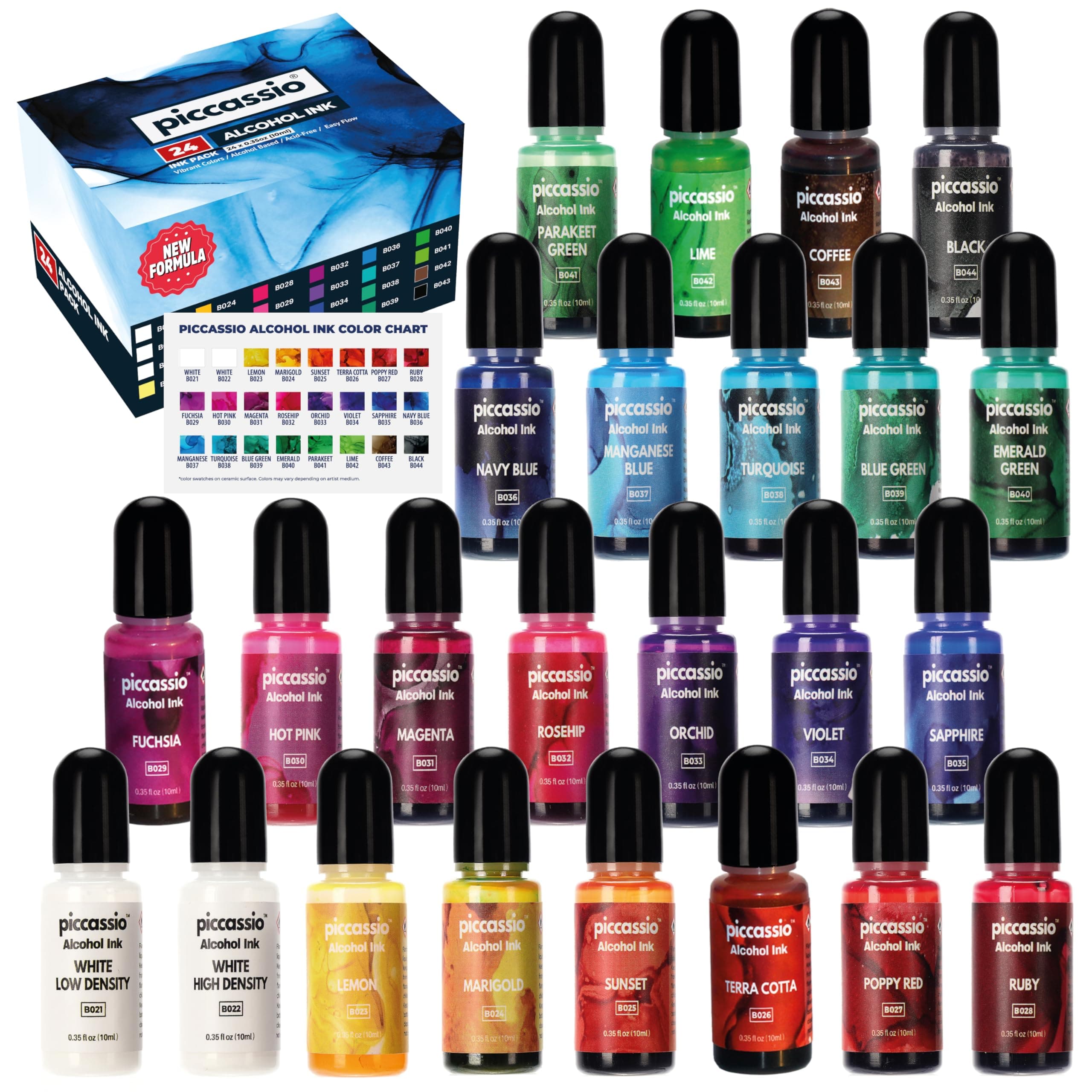 Alcohol Ink Set - New Improved Formula - 24 Highly Saturated, Fast-Drying, Permanent Inks for Epoxy Resin, Tumblers, Fluid Art Painting, Glass, Metal, and More ALC-1123
