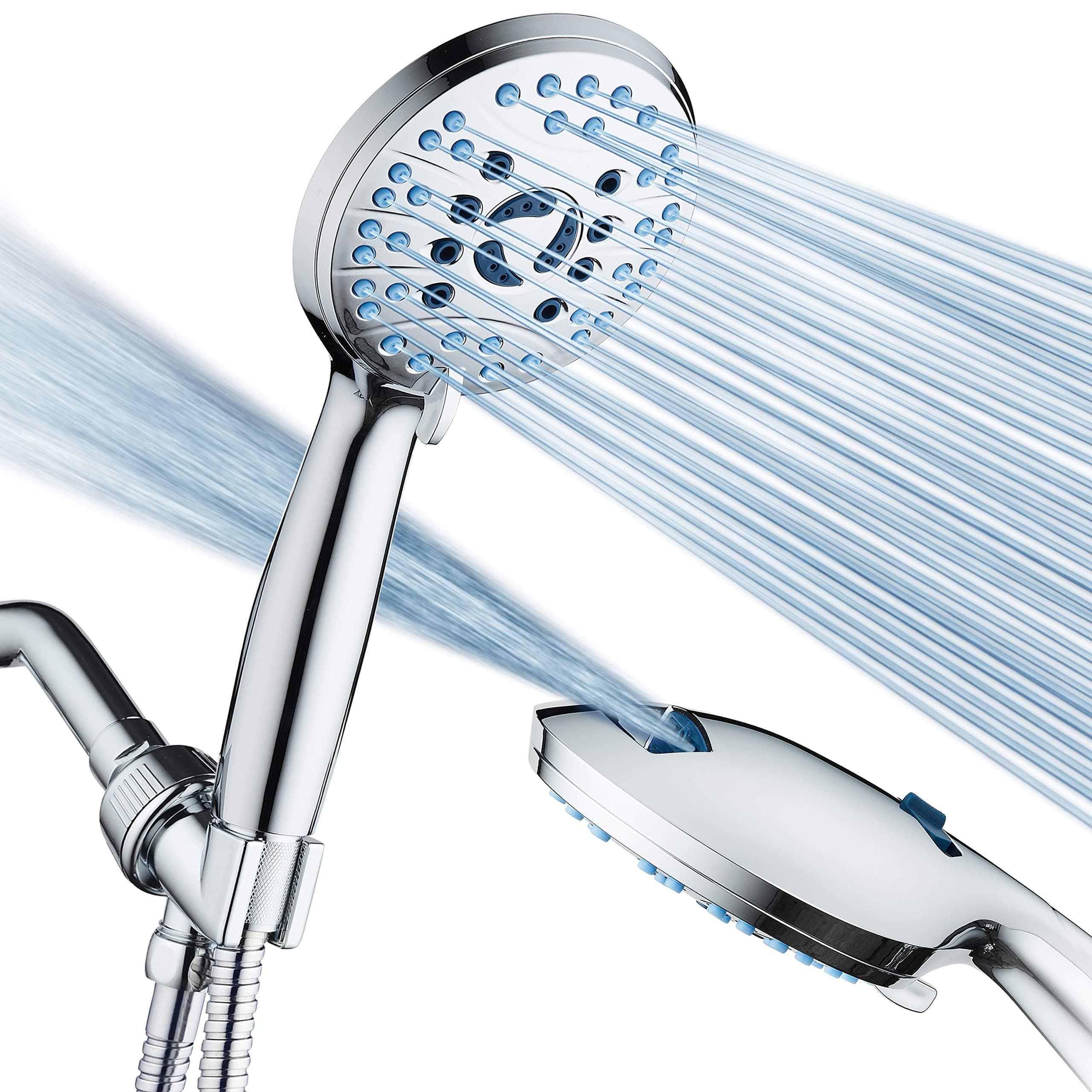 AquaCare High Pressure 8-mode Handheld Shower Head - Anti-clog Nozzles, Built-in Power Wash to Clean Tub, Tile & Pets, Extra Long 6 ft. Stainless Steel Hose, Wall & Overhead Brackets 2.5 Gallon Per Minute Premium Chrome
