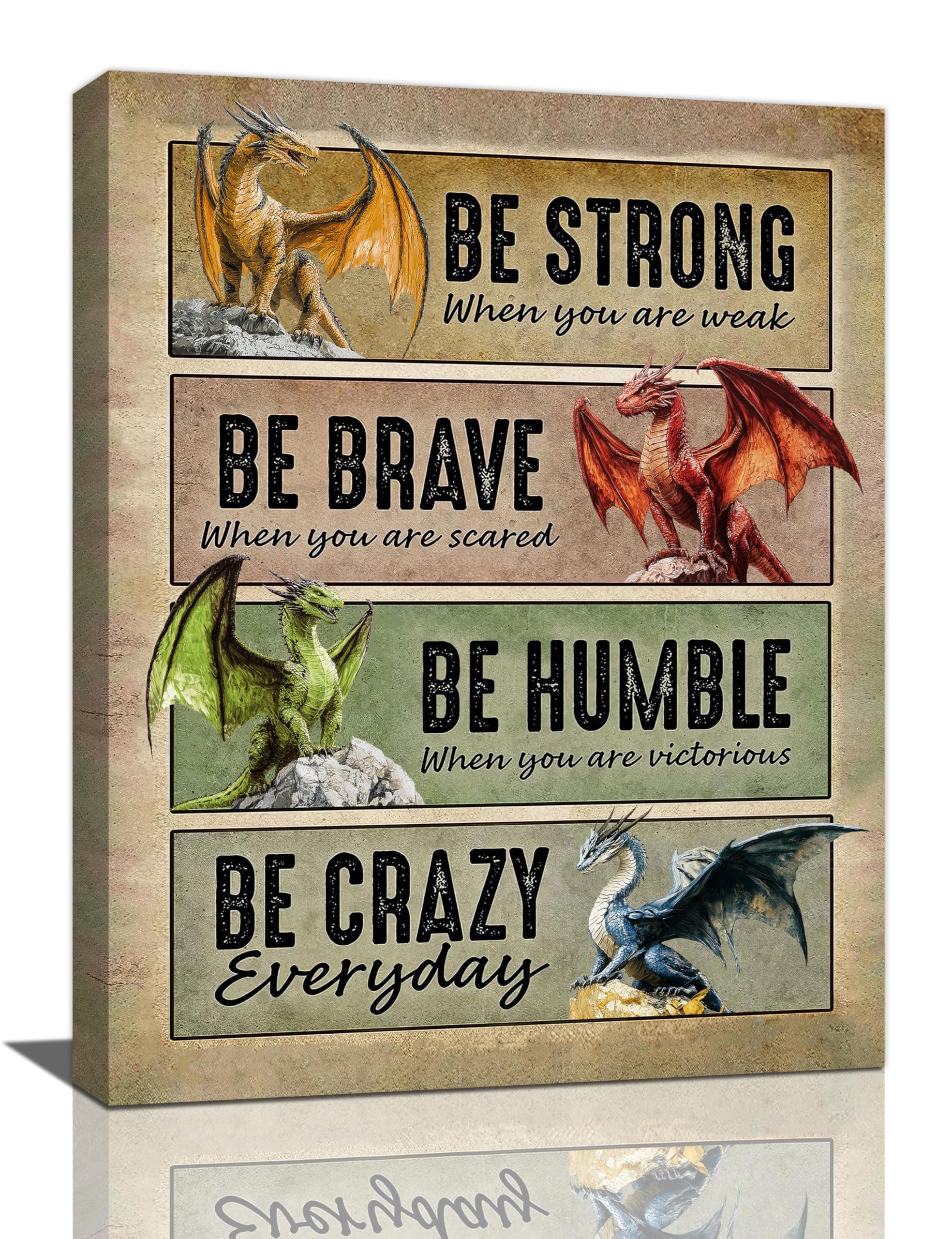 Dragon Wall Art Vintage Dragon Pictures Wall Decor Inspirational Quotes Be Strong Canvas Prints Painting Framed Artwork Decoration for Bedroom Living Room Office Bathroom 12"x16" 16"L x 12"W Dragon-1