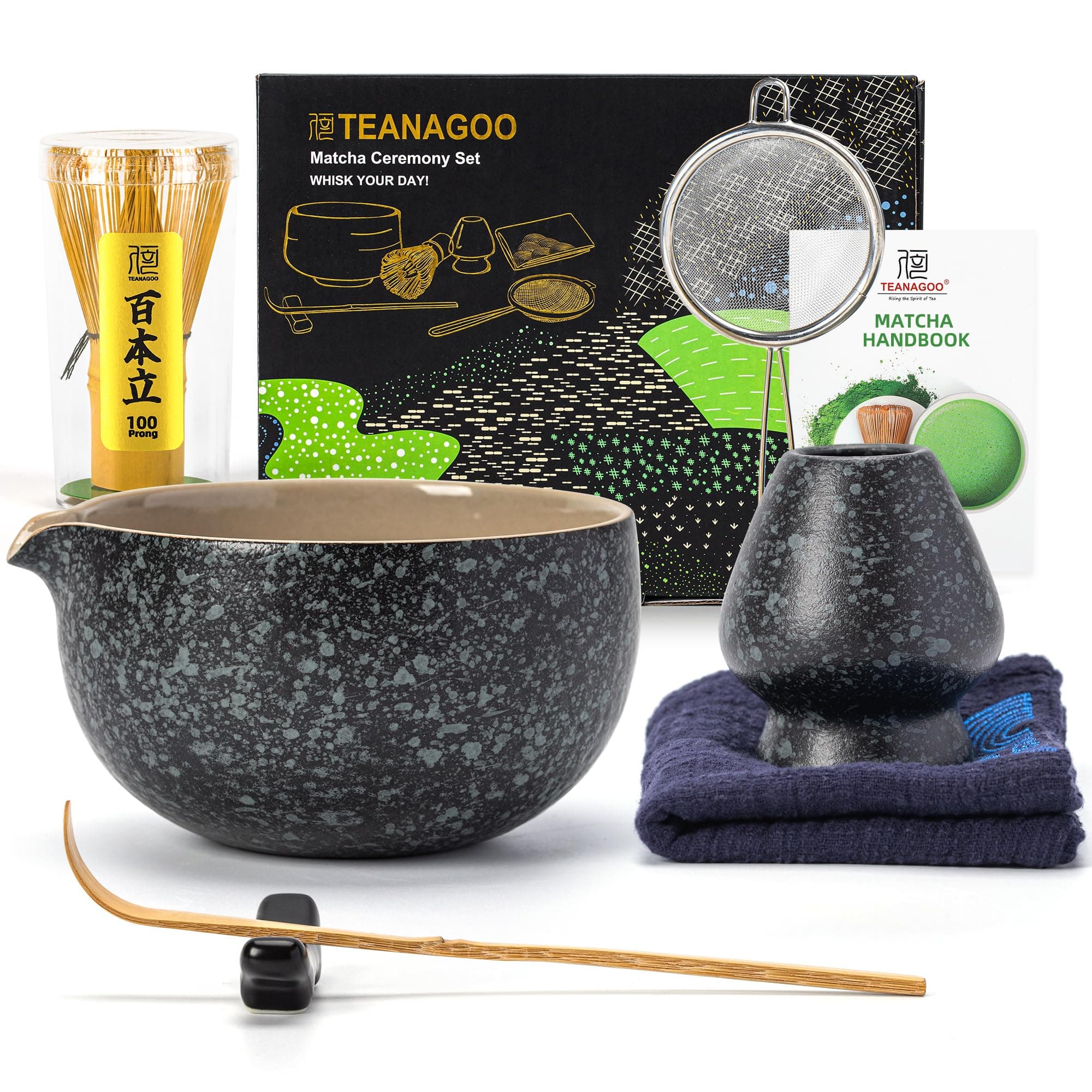 TEANAGOO Matcha Whisk Set Black,7 Pcs Matcha Set,Matcha Kit for Ceremony,Tradition Tea Set for Making Breakfast/Latte,Matcha Whisk Set with Bowl(Chawan)/Whisk and Holder,Gift for Family/Friend Charcoal Black 1 7pcs/set, Bowl with pouring spout