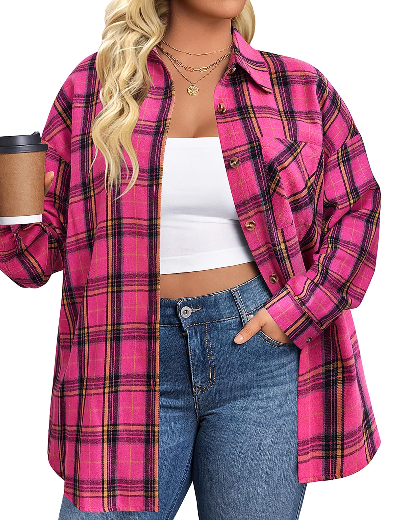 IN'VOLAND Womens Plus Size Flannel Plaid Shirts Long Sleeve Casual Collared Button Down Shirt Loose Blouse Top Pink 24 Plus