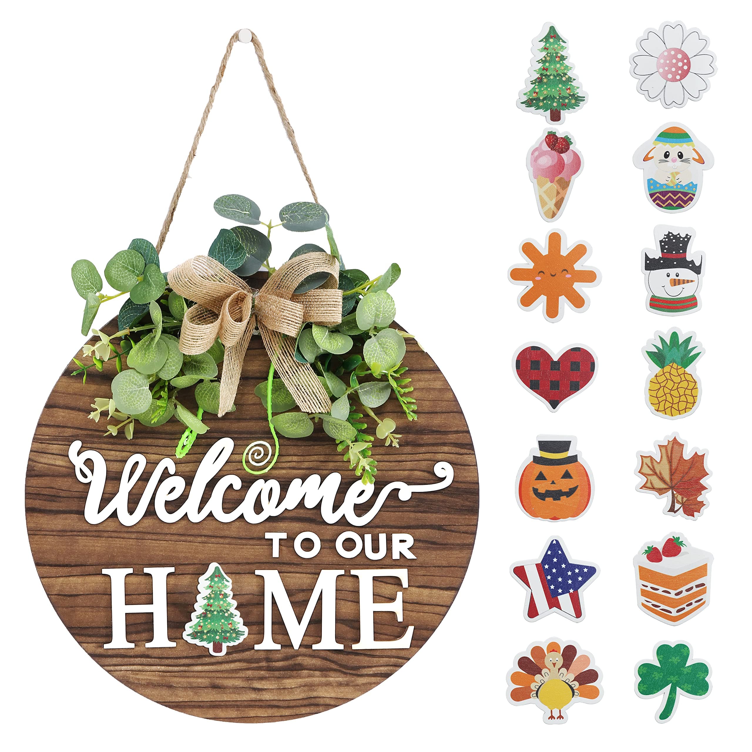 Interchangeable Seasonal Welcome Sign Front Door Decoration, Rustic Round Wood Wreaths Wall Hanging Outdoor, Farmhouse, Porch, for Spring Summer Fall All Seasons Holiday Halloween Christmas. 01blown 12 Inch