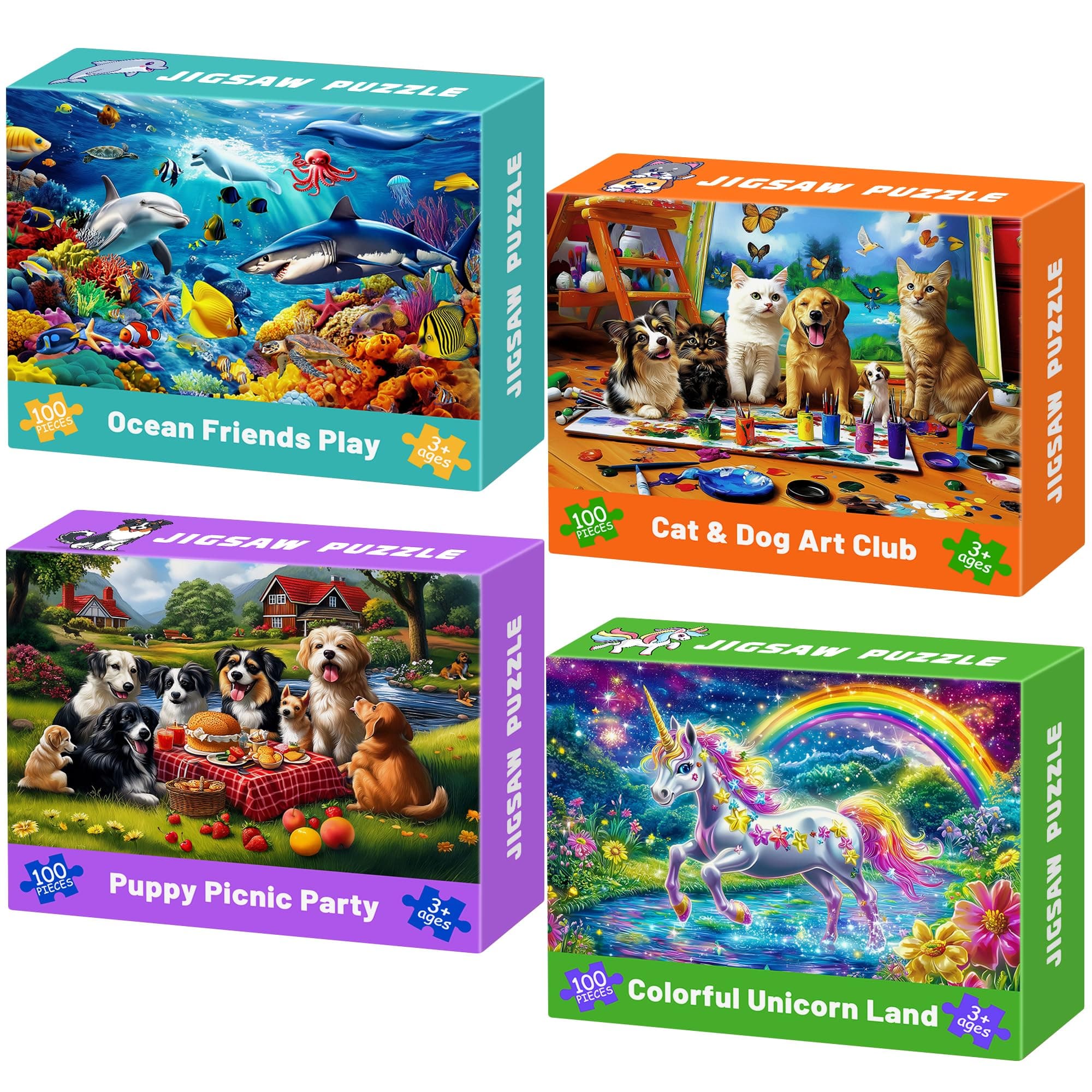 100 Piece Puzzles for Kids Ages 4-6, 4 in 1 Jigsaw Puzzles for Kids Ages 6-8, Sea World Cats Dogs Unicorn Learning Educational Children Puzzles 5-8 for Boys and Girls