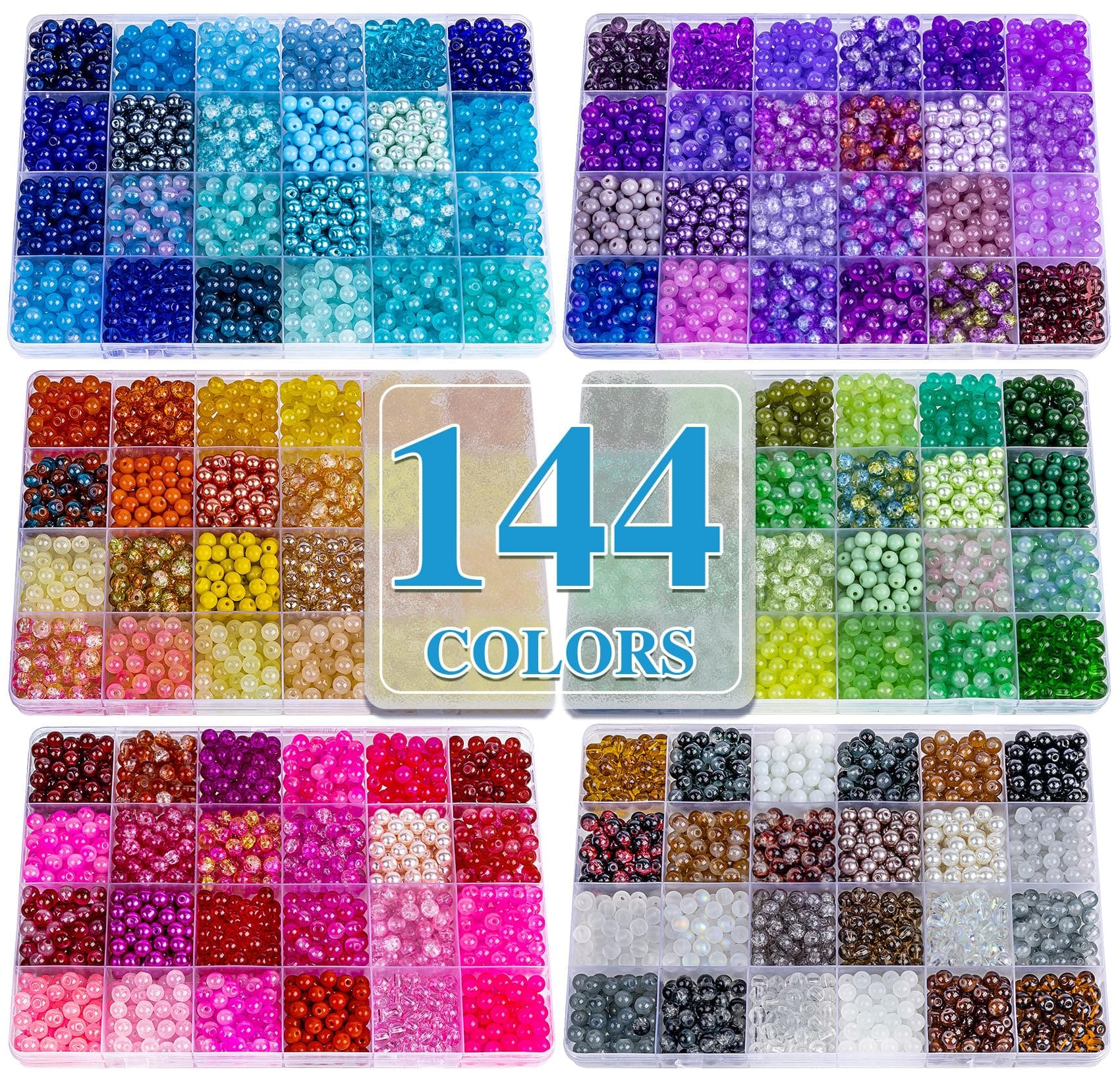XSEINO About 7200PCS 6mm Glass Beads Bracelet Making Kit,144 Assorted Colors Crystal Glass Beads for Bracelet and Jewelry Making and DIY Crafts,Friendship Gifts,to Give to Friends, Family Multicolor 6Box