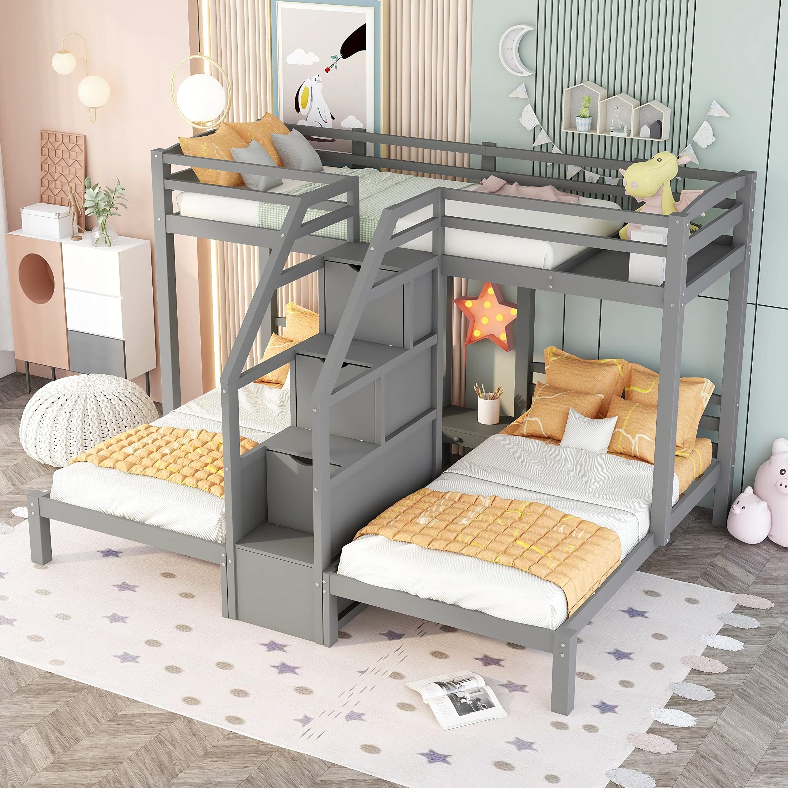 Bellemave Triple Bunk Bed Twin Over Twin Over Twin with Stairscase and Drawers for Storage, Wood Bunk Beds Frame for 3, Saving Spcae, Gray