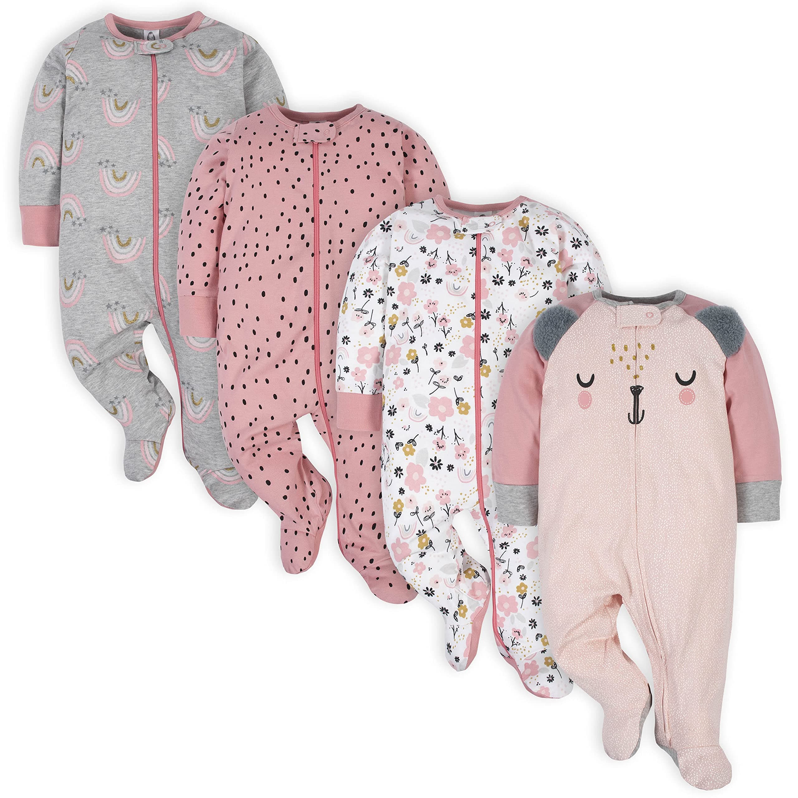 Gerber Baby Girls 4 Pack Sleep 'N Play Footie 0-3 Months Bear Pink