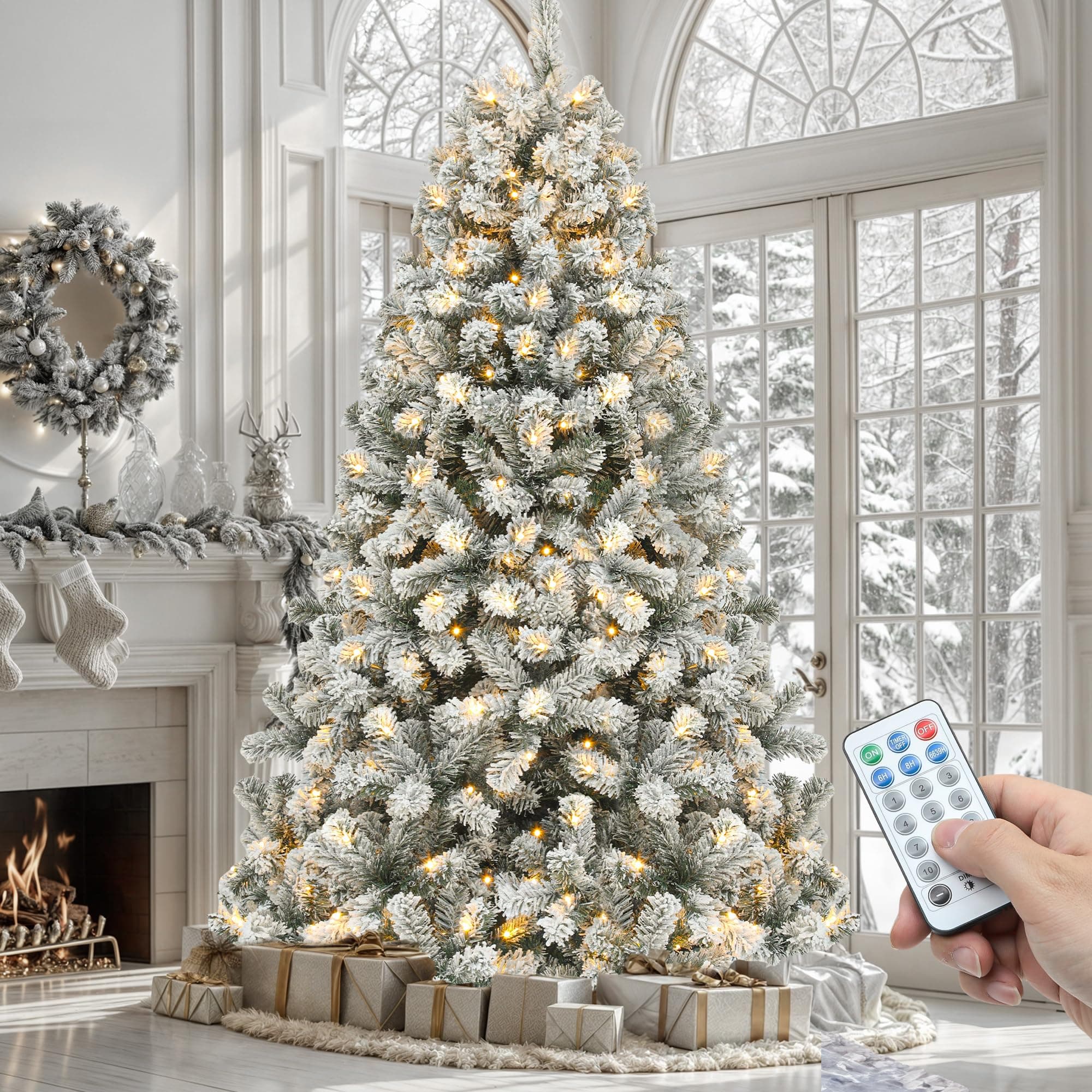 YITAHOME Prelit Snow Flocked Artificial Full Christmas Tree 6ft with Remote Control, Christmas Pine Tree with 11 Light-Modes, 1000 Branch Tips, and Foldable Base for Home, Party Decoration White 6ft