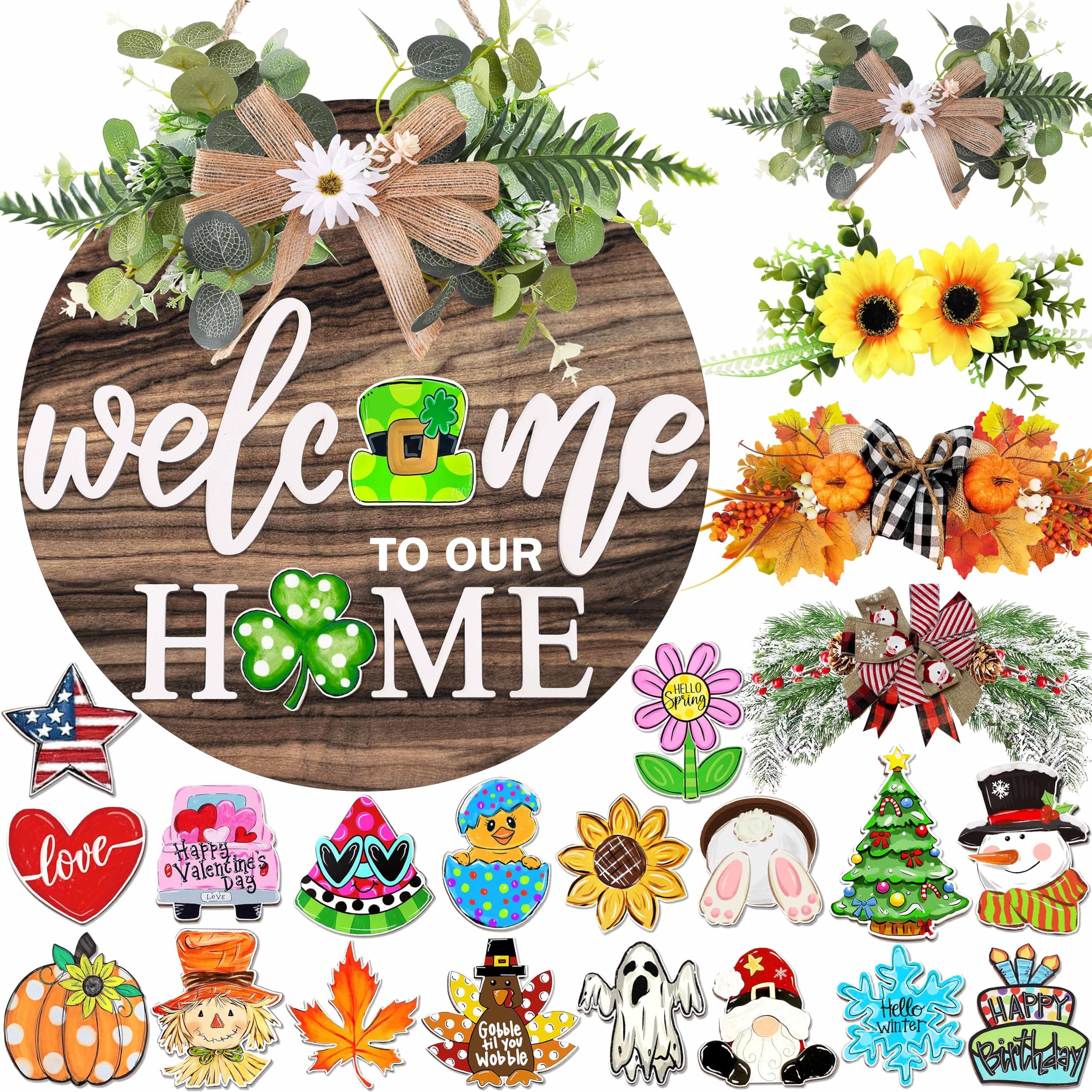 Interchangeable Welcome Sign for Front Door with 4 Seasonal Wreaths and 21 Changeable Icons, Farmhouse Rustic Outdoor Welcome Signs Porch, Holiday Spring Summer Winter Fall Decorations for Home Gifts