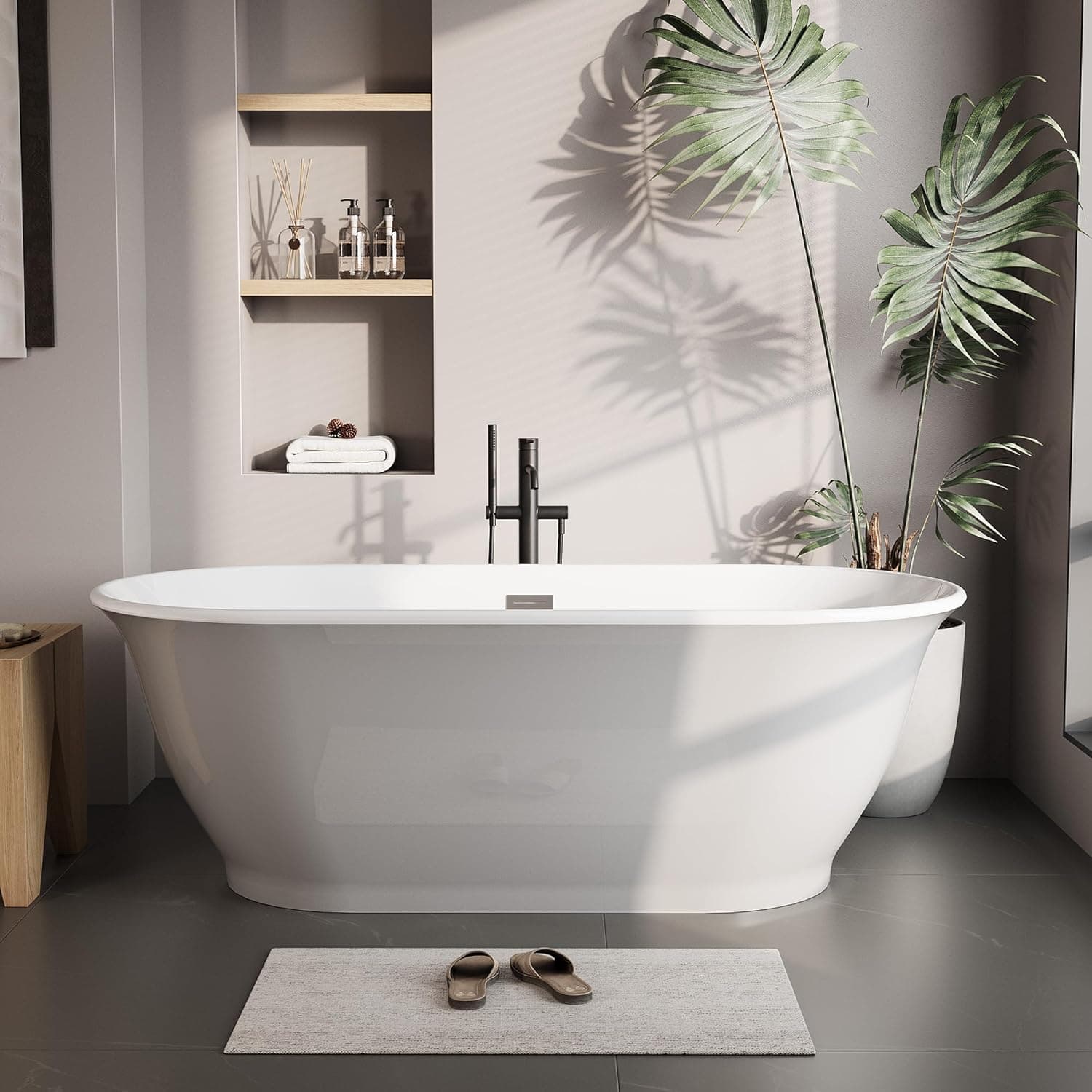 GAOMON 67 Inch Acrylic Freestanding Soaking Tub with Drain and Overflow Contemporary Stand Alone Bathtub for Modern Bathroom Renovation Gray