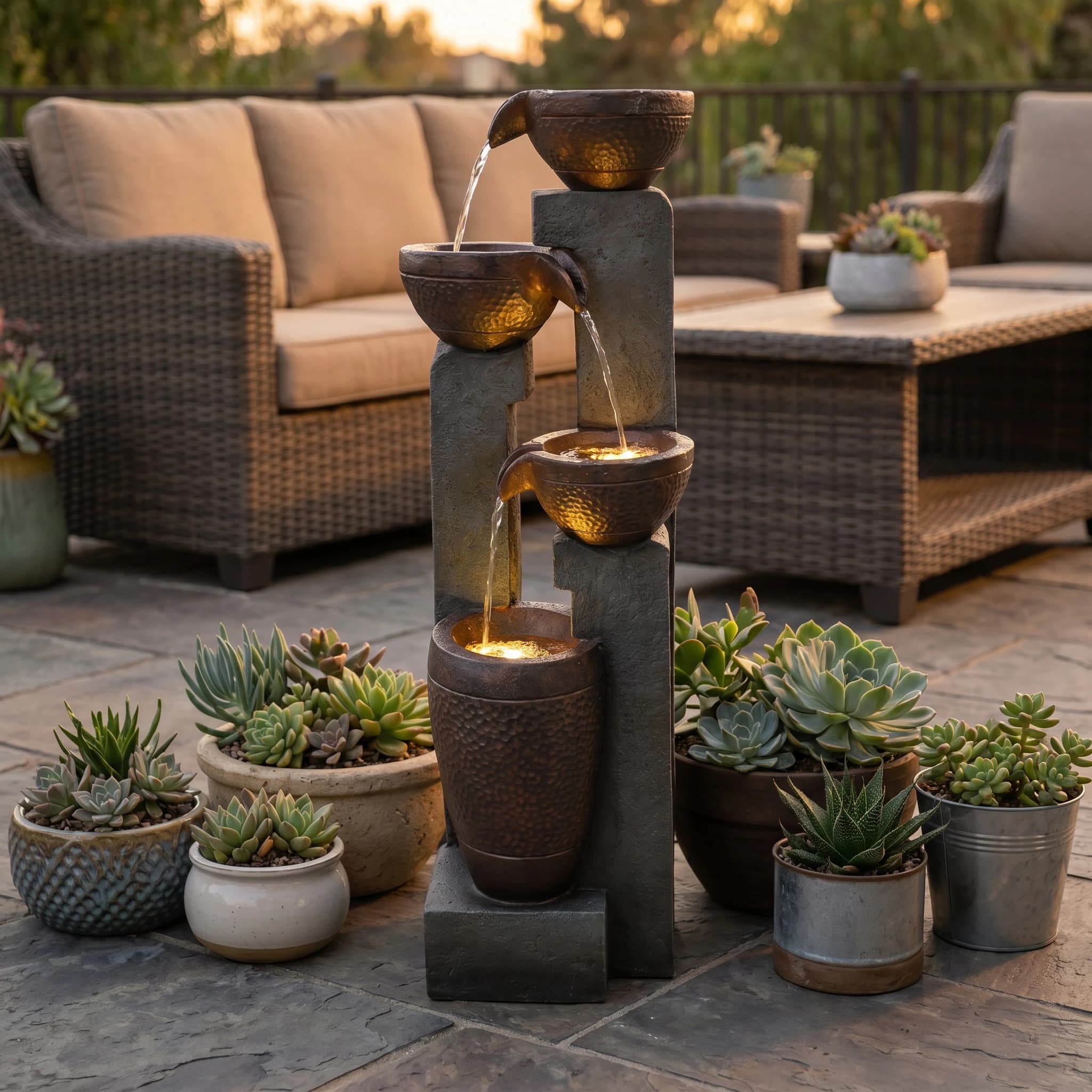 Watnature 40 Inch Tall 4 Tier Cascading Bowls Water Fountain Resin Floor Fountain with LED Lights Decor for Outdoor Patio Garden Backyard one_size