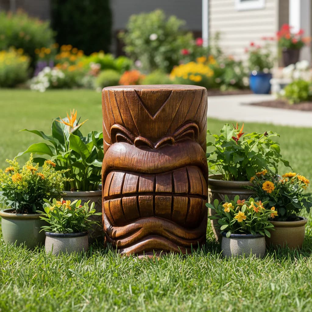 Watnature Concrete Tiki Statue 19.6 Inch Tall Weather Resistant Tropical Tiki Totem Outdoor Sculpture Decor for Tiki Bar Garden Yard and Lawn in Brown