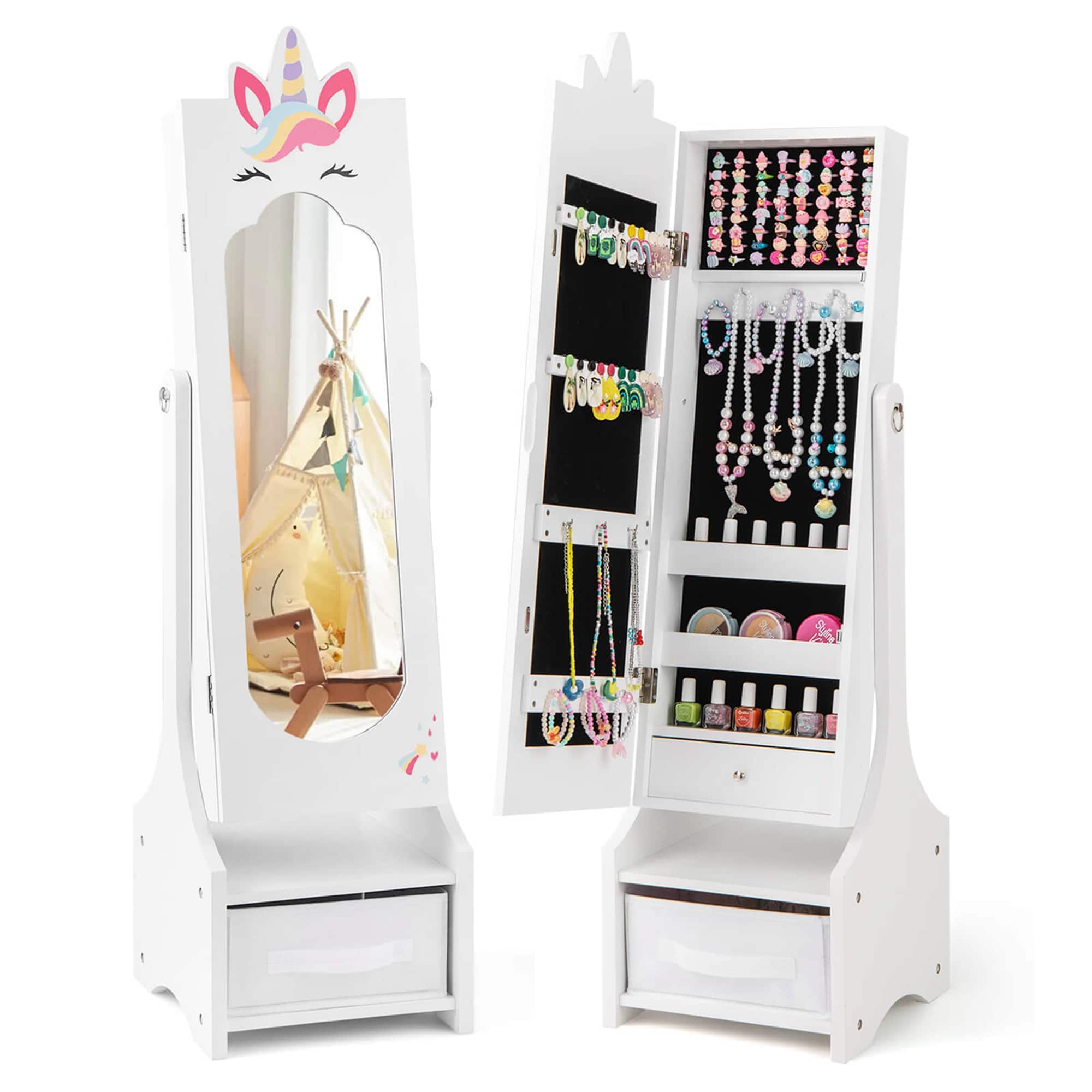 Costway - Kids Jewelry Cabinet with Full-Length Mirror Drawer 2 Adjustable Tilt Angles - White