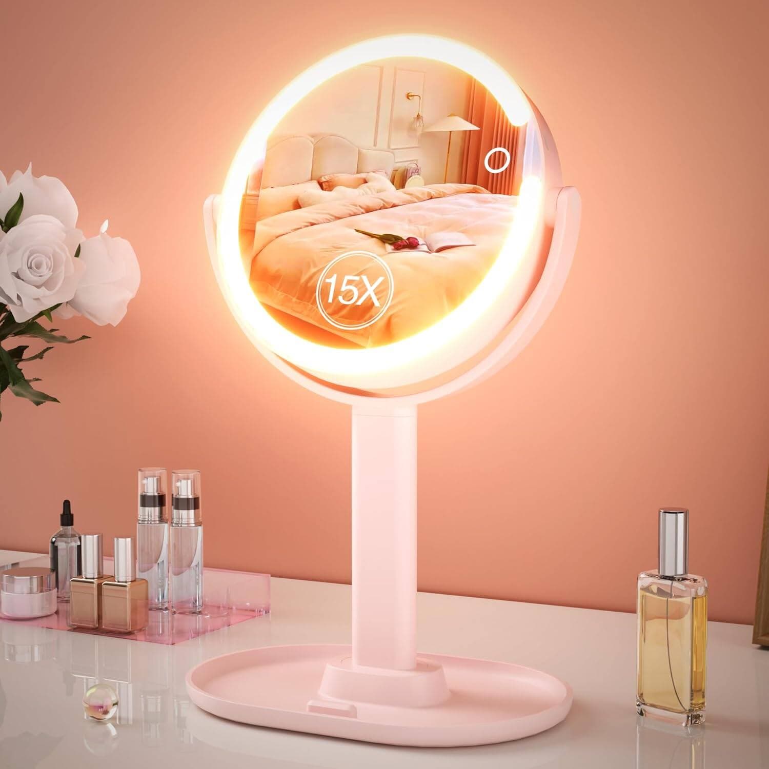 Stamp n Camp - Vanity Makeup Mirror with Lights, 10X/1X Double Sided Magnifying Light up Desk Stand Cosmetic Organizer, 3 Color 360° - Pink-15x