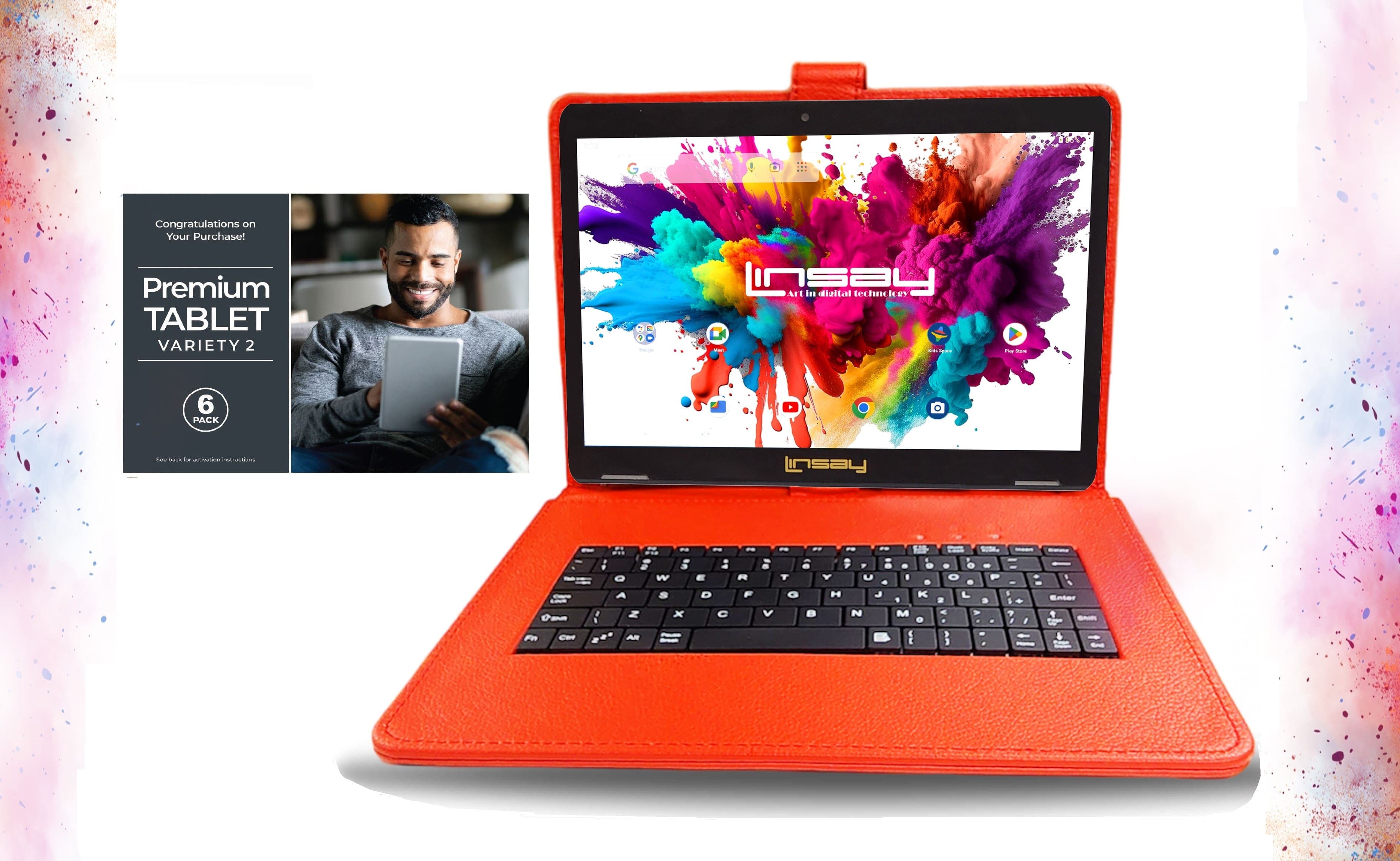 LINSAY - 10.1"Octa Core 128GB Storage Android 15 Tablet with Style Keyboard Premium TABLET Variety Applications - Red