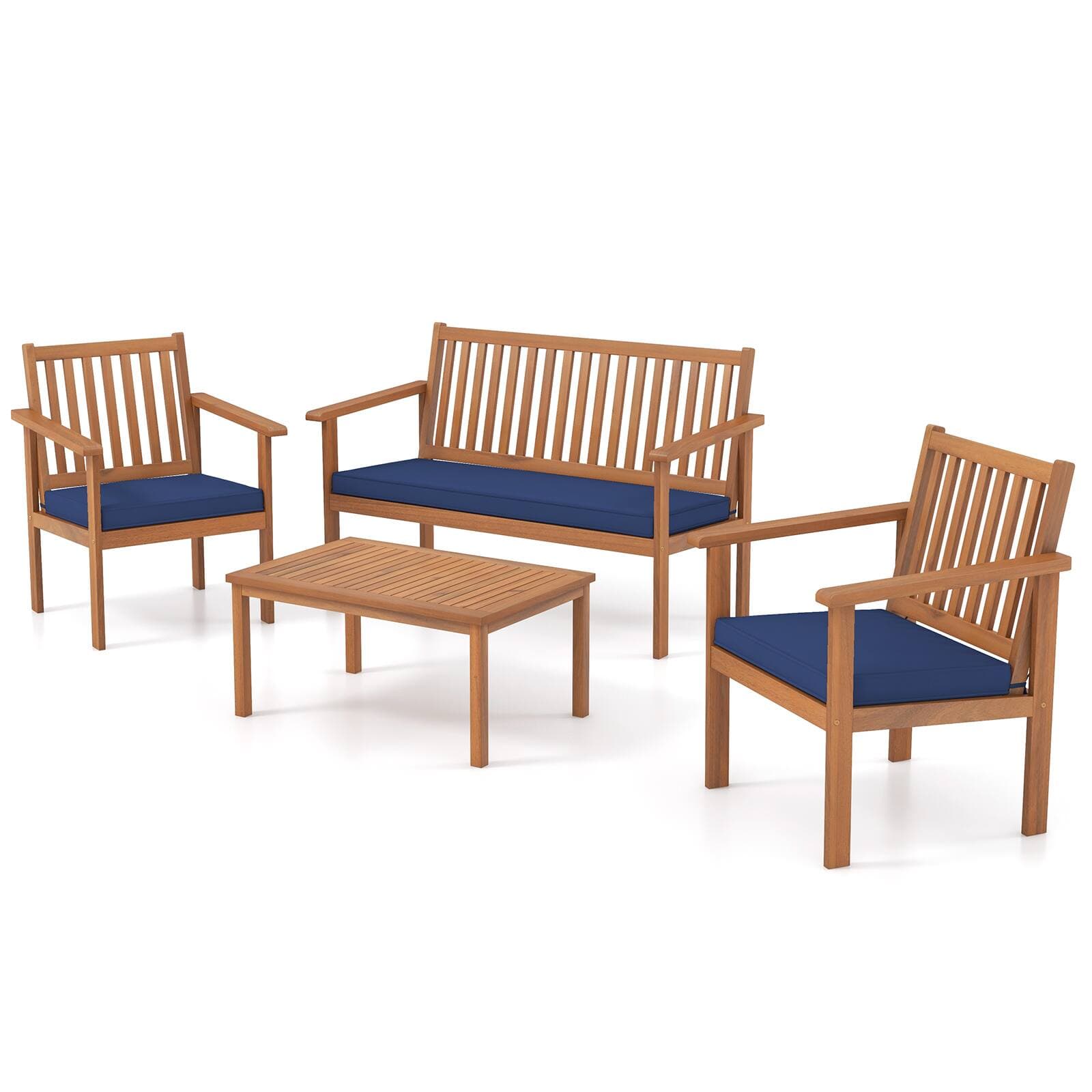 Gymax - 4PCS Wood Furniture Set w/ Loveseat 2 Chairs & Coffee Table for Porch Patio Navy - Natural, Navy
