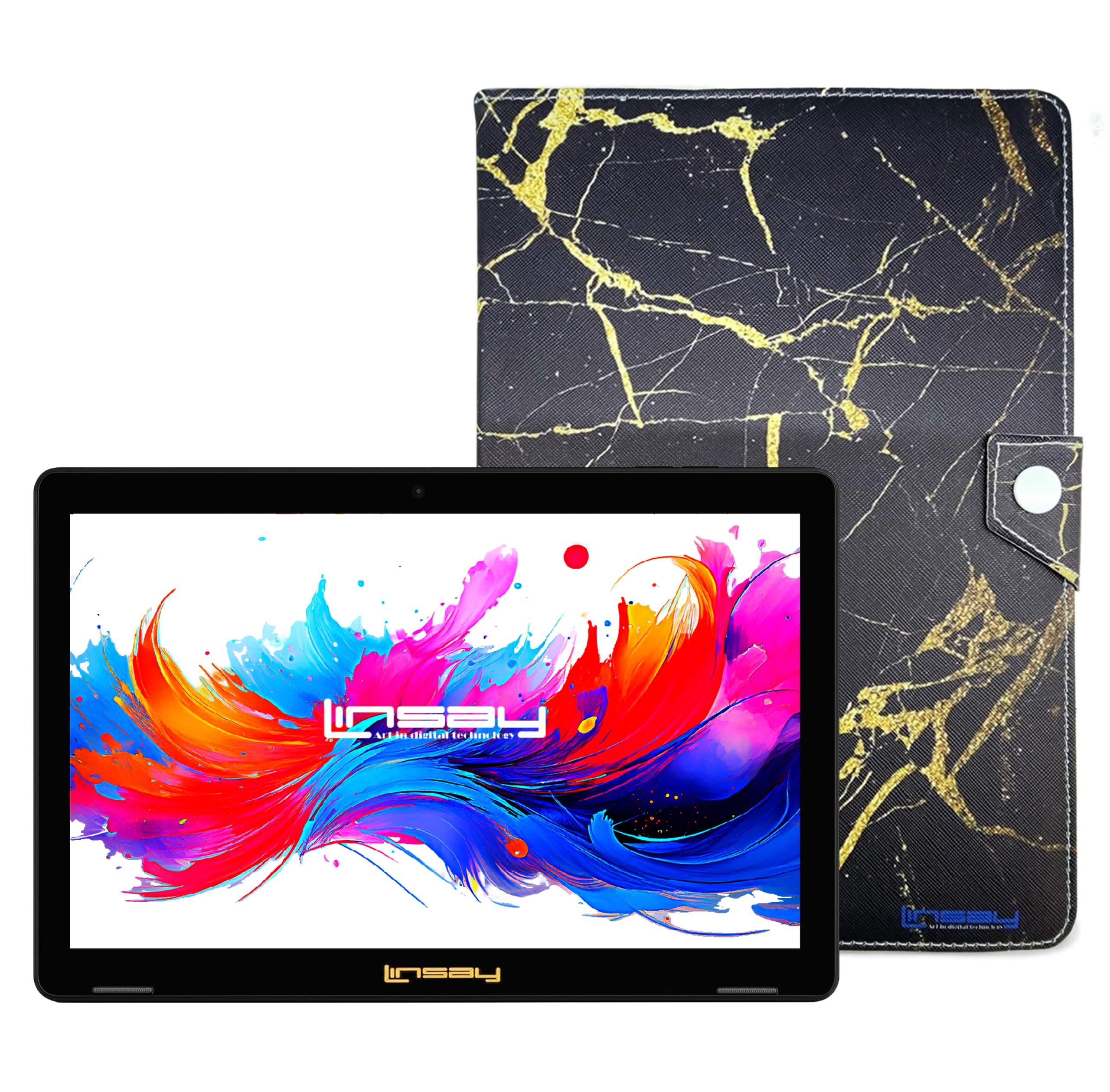 LINSAY - 10.1"Octa Core 256GB Storage Android 15 Tablet with and Golden Marble Case - Black