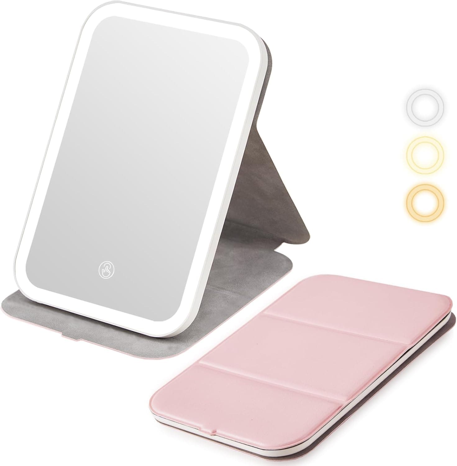 Stamp n Camp - Rechargeable Travel Makeup Mirror, Portable Lighted Vanity Mirror with 3 Color Lights, Dimmable LED Folding Cosmetic - Pink