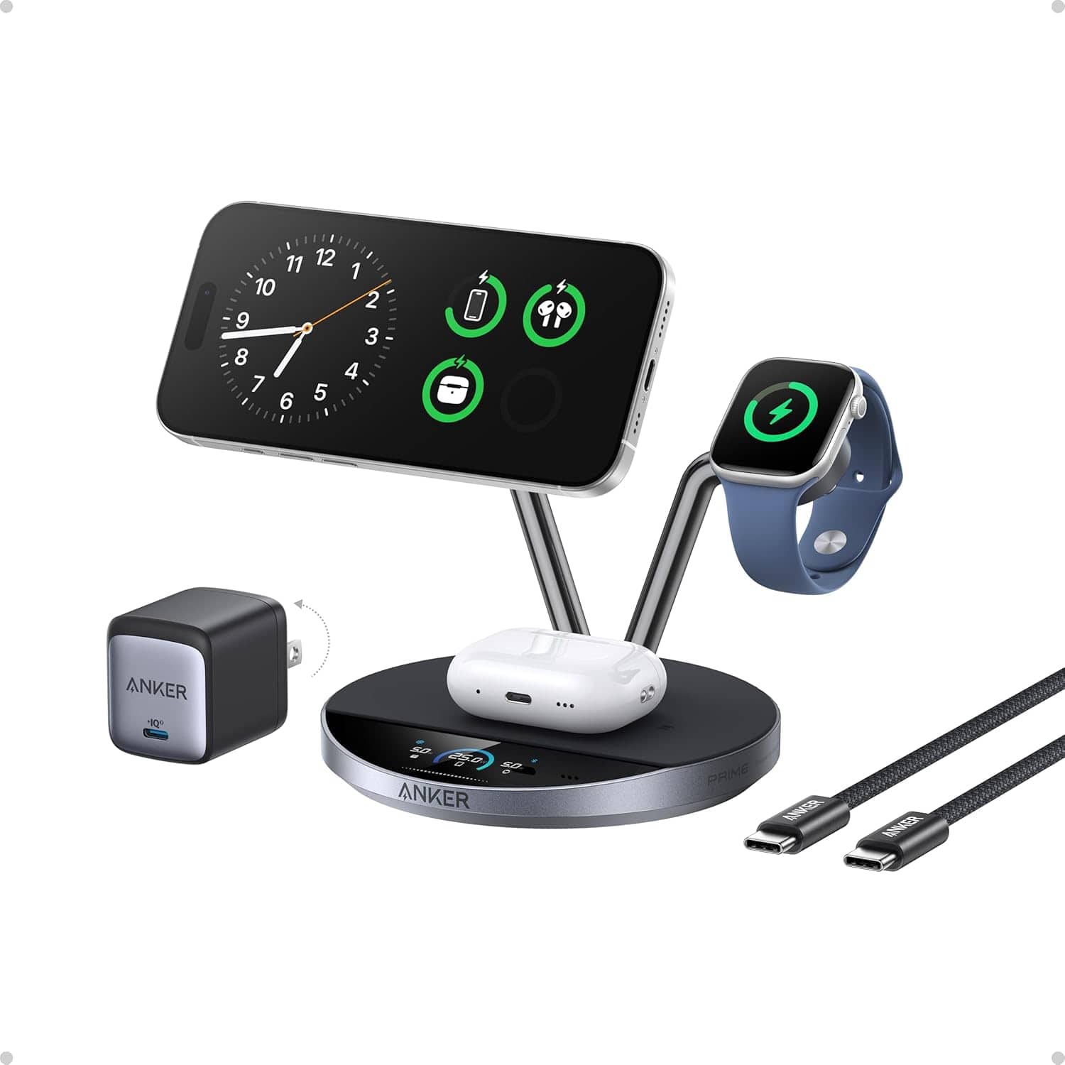 Anker - Prime MagSafe Charger Compatible, 3-in-1 Charging Station, Qi2 25W Certified Wireless Charger Dock Stand