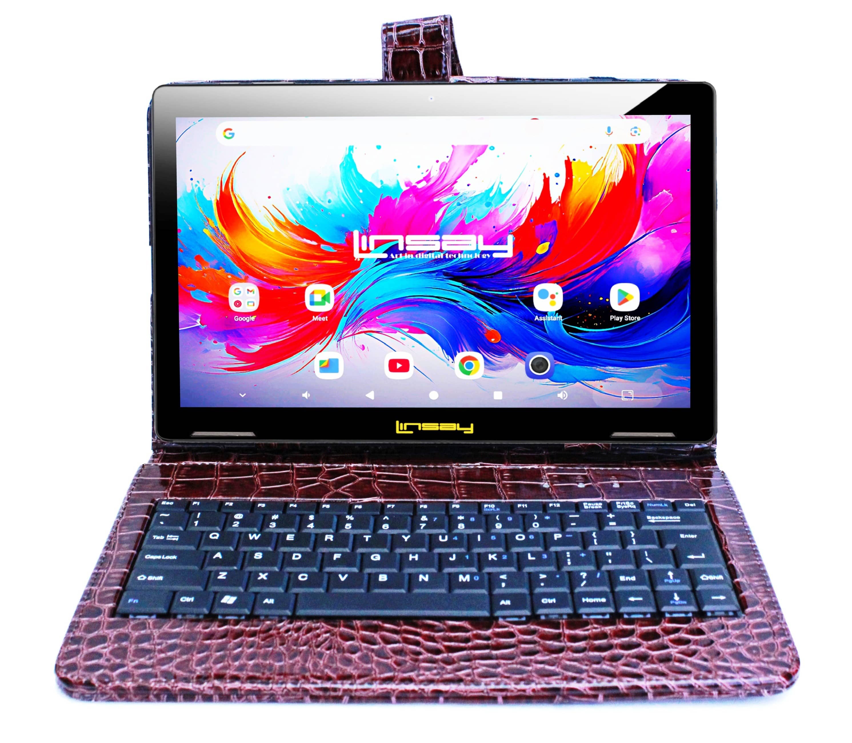 LINSAY - 10.1" Octa Core 256GB Storage Android 15 Tablet with Crocodile Keyboard - Brown