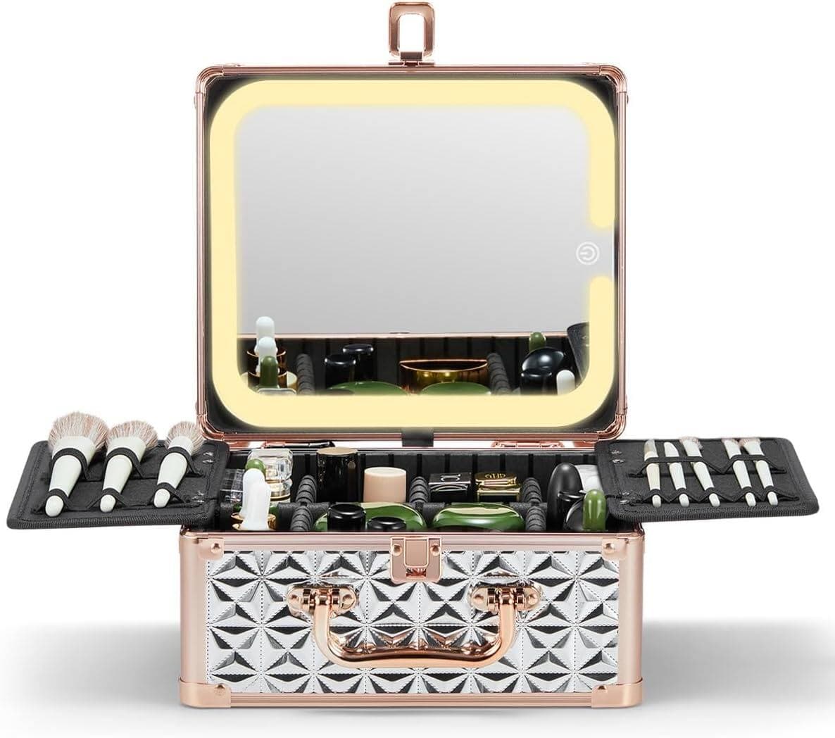 Stamp n Camp - Qislee Makeup Box with A Detachable Lighted Mirror, Waterproof Travel Train Case, Cosmetic Organizer and Makeup - Sparkling Silver