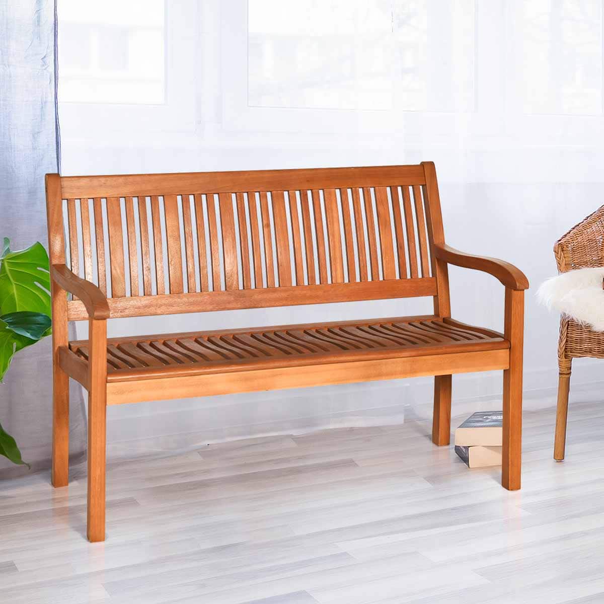 Gymax - 50'' Wooden Bench Loveseat Patio Garden Outdoor w/ Armrest & Backrest - Natural