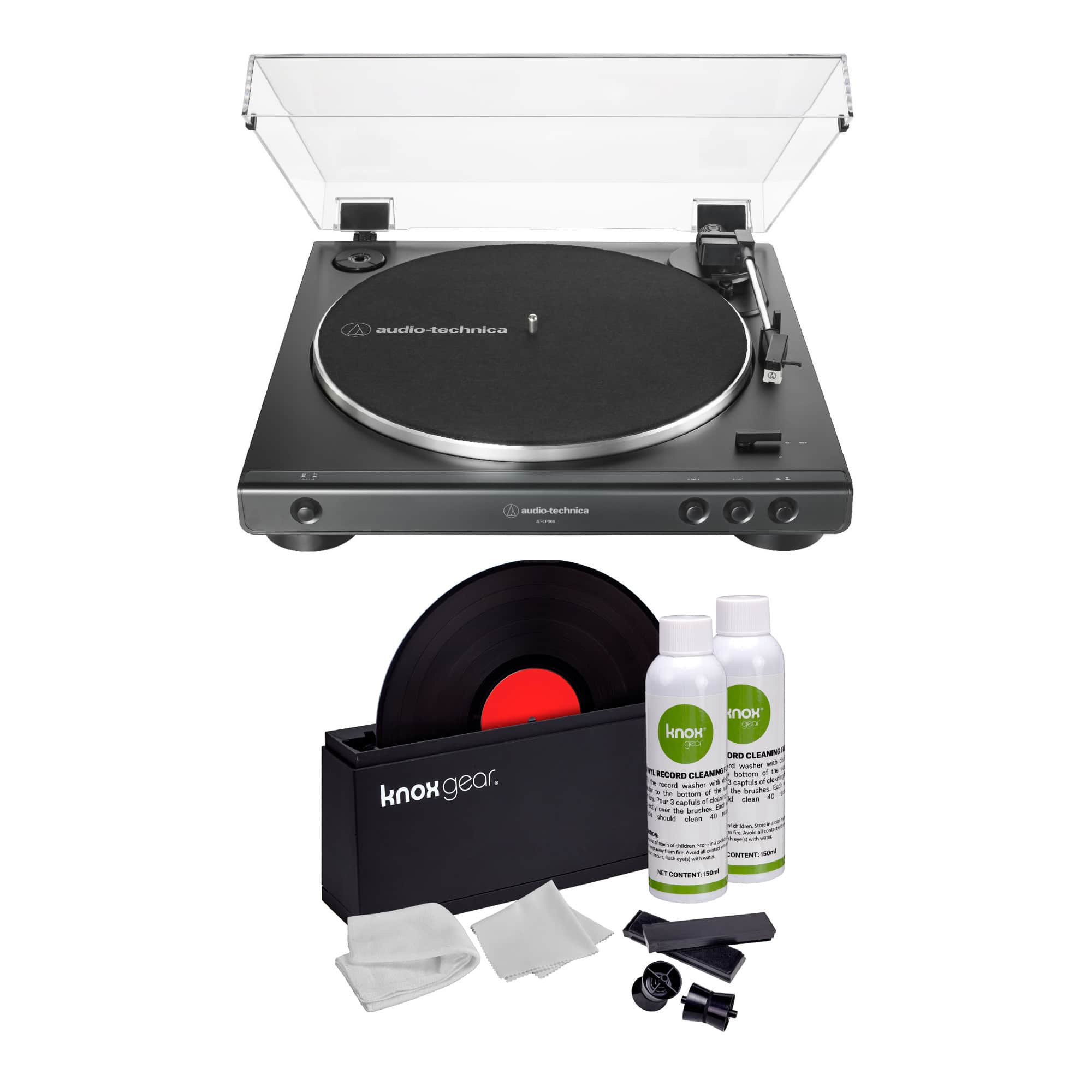 Audio-Technica - AT-LP60X Turntable Black with Knox Gear Vinyl Record Cleaning Kit