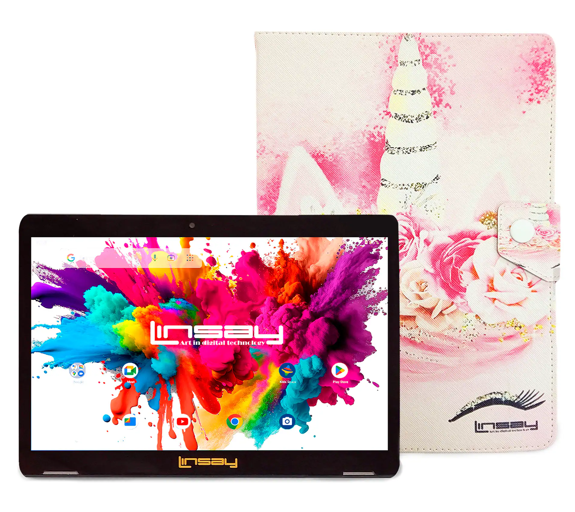 LINSAY - 10.1"Octa Core 128GB Storage Android 15 Tablet with Unicorn Shape Case - Red