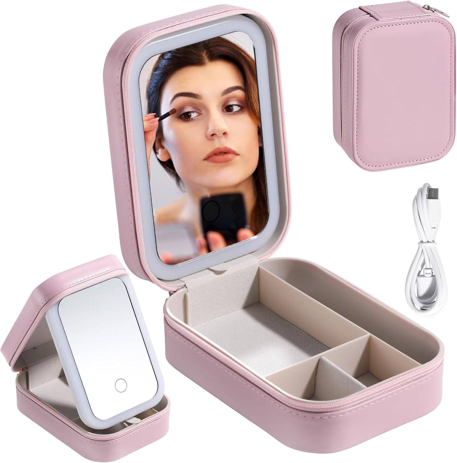 Stamp n Camp - BS-MALL Travel Cosmetic Mirror Case LED Makeup Mirror Storage Case for Eyelash Station Brushes Cosmetic Tools - Pink