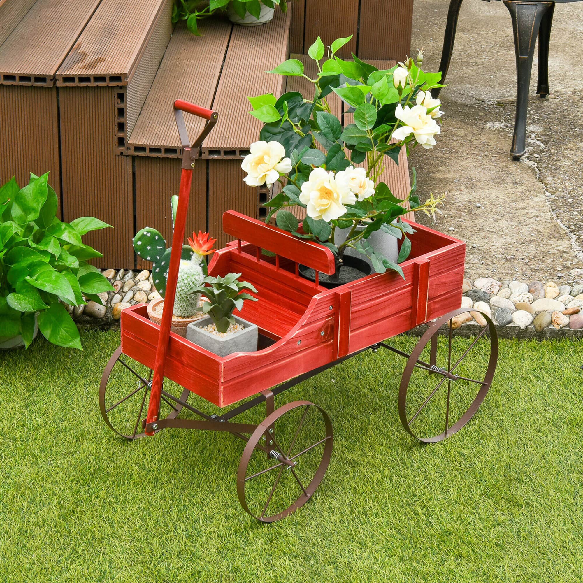 Gymax - Garden Plant Planter Wooden Wagon Planter W/ Wheel Garden Yard - Red