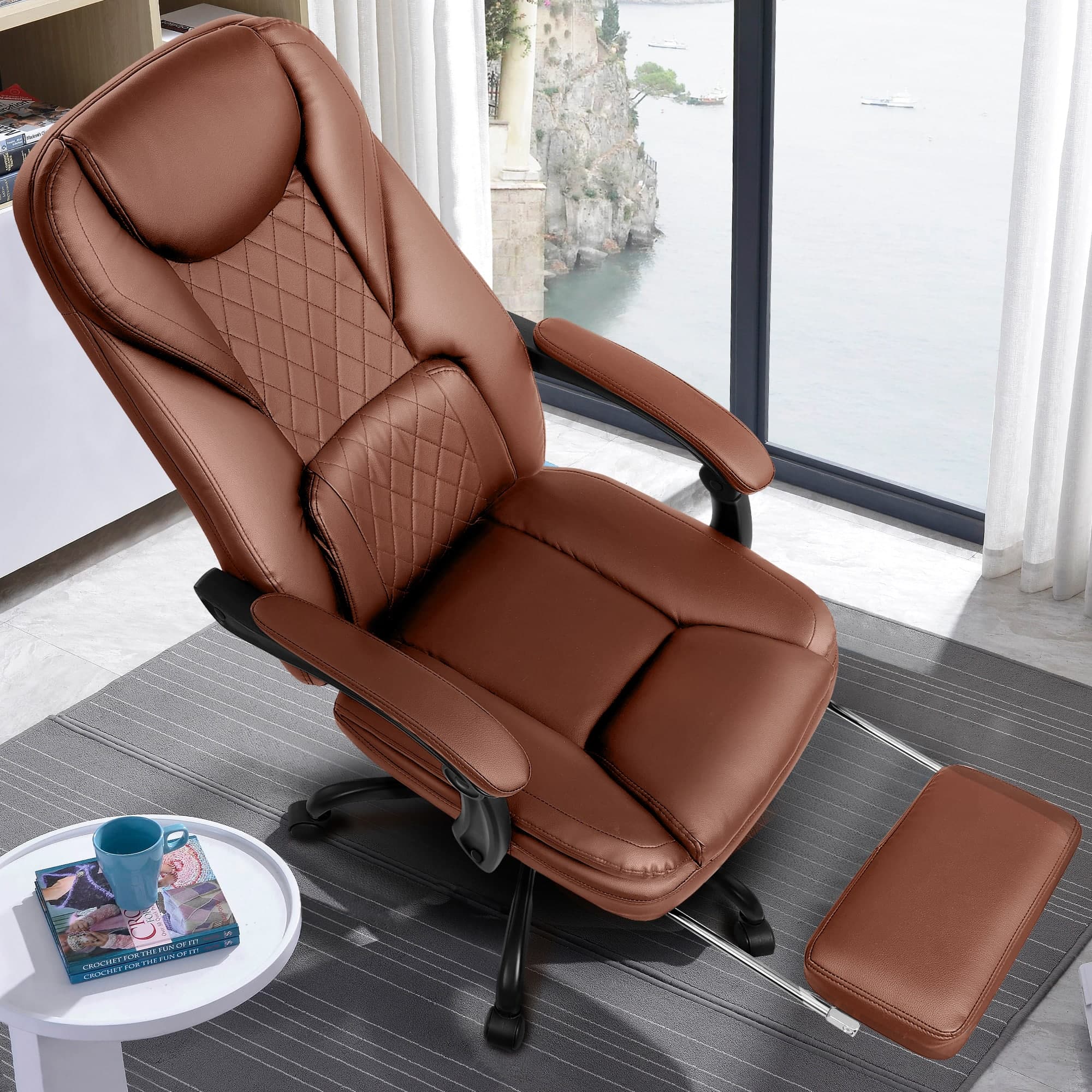 KERDOM - High Back Executive Leather Office Chair with Footrest, Swivel Ergonomic Reclining Computer Chair with Padded Armrests - Brown