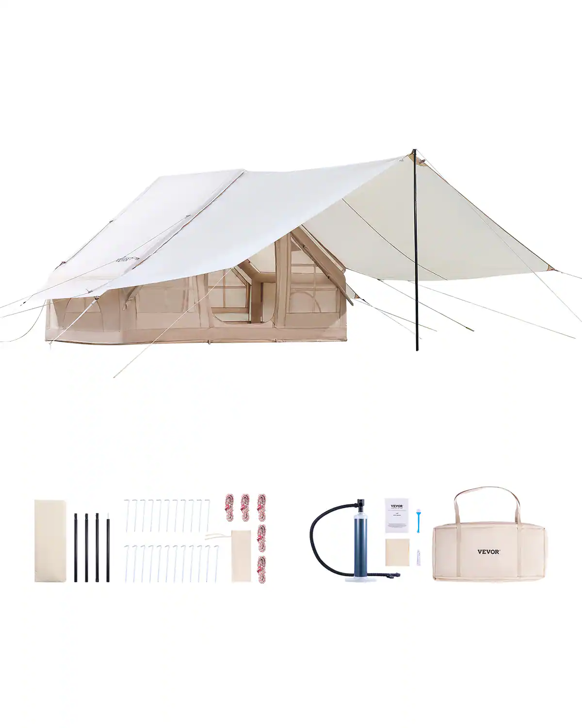 VEVOR - Inflatable Tents, 3-5 Person Easy Setup Blow up Tent with Hand Pump, 300D Oxford 4 Season Glamping Tent with Canopy - Beige