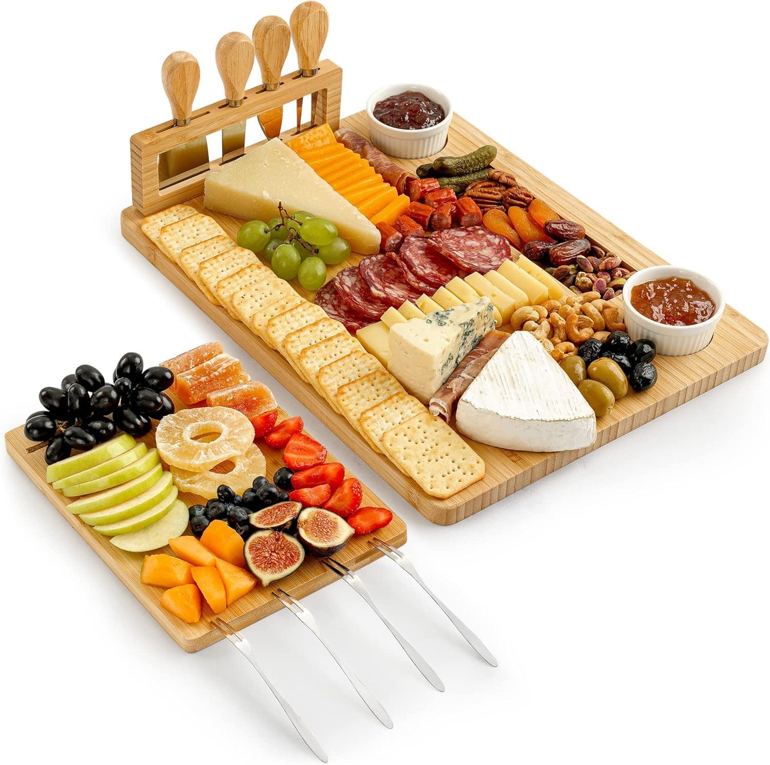 Zulay Kitchen - Premium Bamboo Cheese Board Set with 4 Piece Knife Set - Brown
