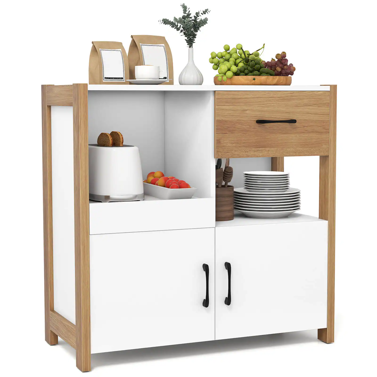 Costway - Kitchen Storage Cabinet with Drawer, Pull-Out Shelf and 2 Doors for Dining Room - White