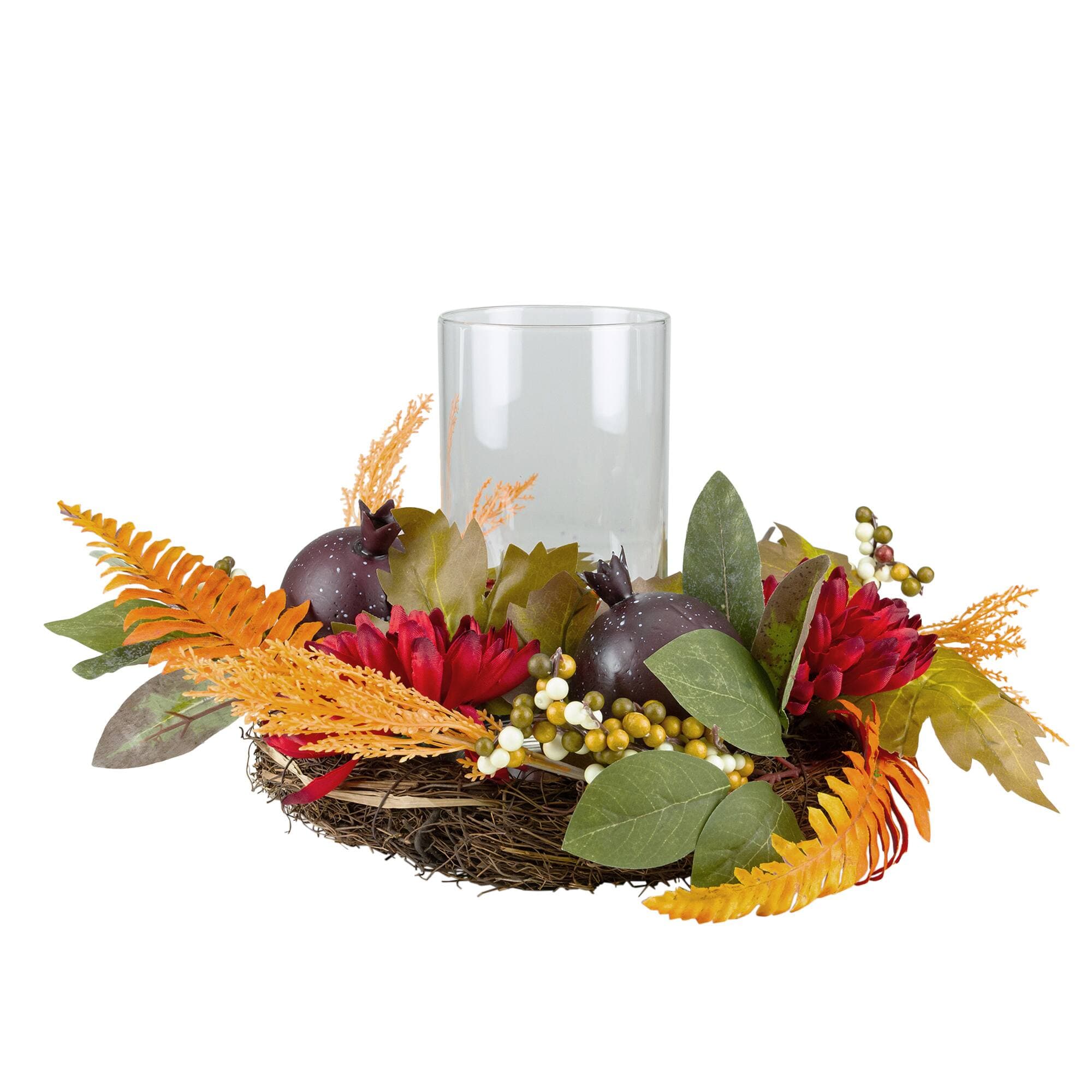 Northlight - Mums with Pomegranate Fall Harvest Pillar Candle Holder Centerpiece - 22" - Red
