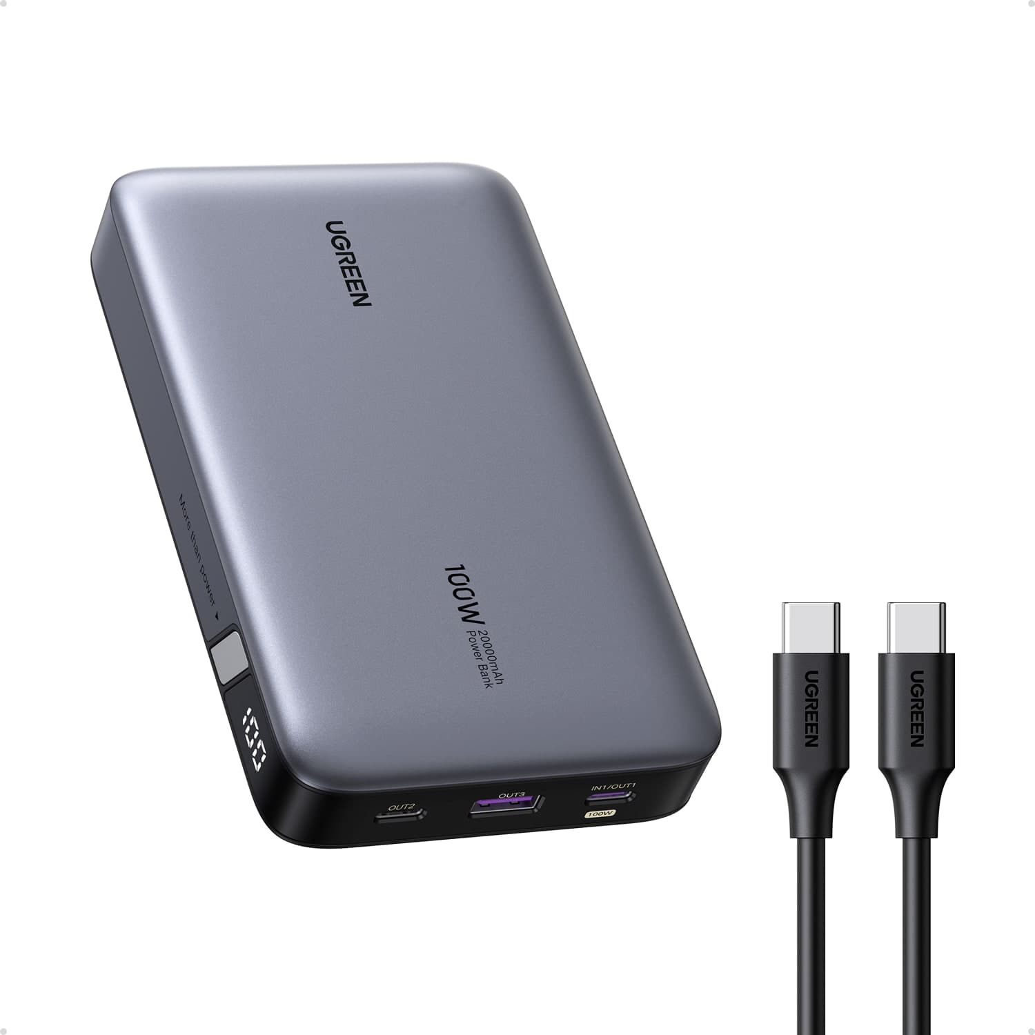 UGREEN - Nexode 20,000mAh 100W Power Bank, 3 Ports Fast Portable Charger for Laptops, Cellphones, Airline Approved - Black