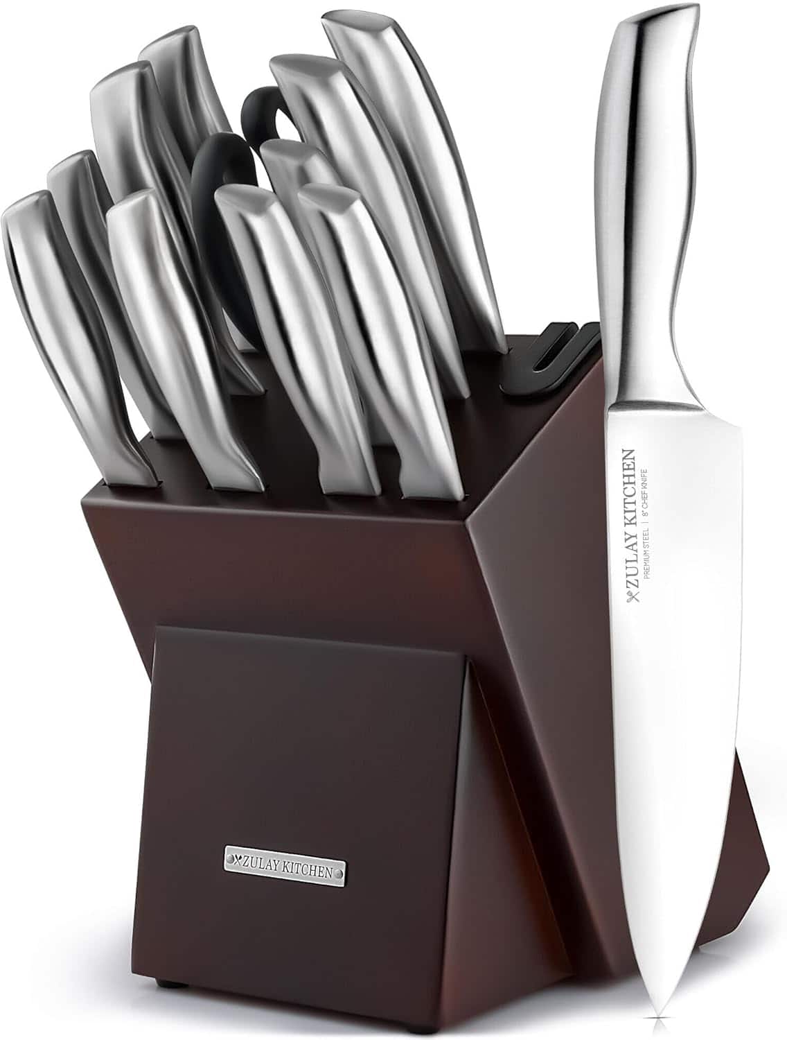 Zulay Kitchen - 12-Piece Stainless Steel Kitchen Knife Set with Built-in Sharpener - Knives in Natural Wood Block - Dark Brown