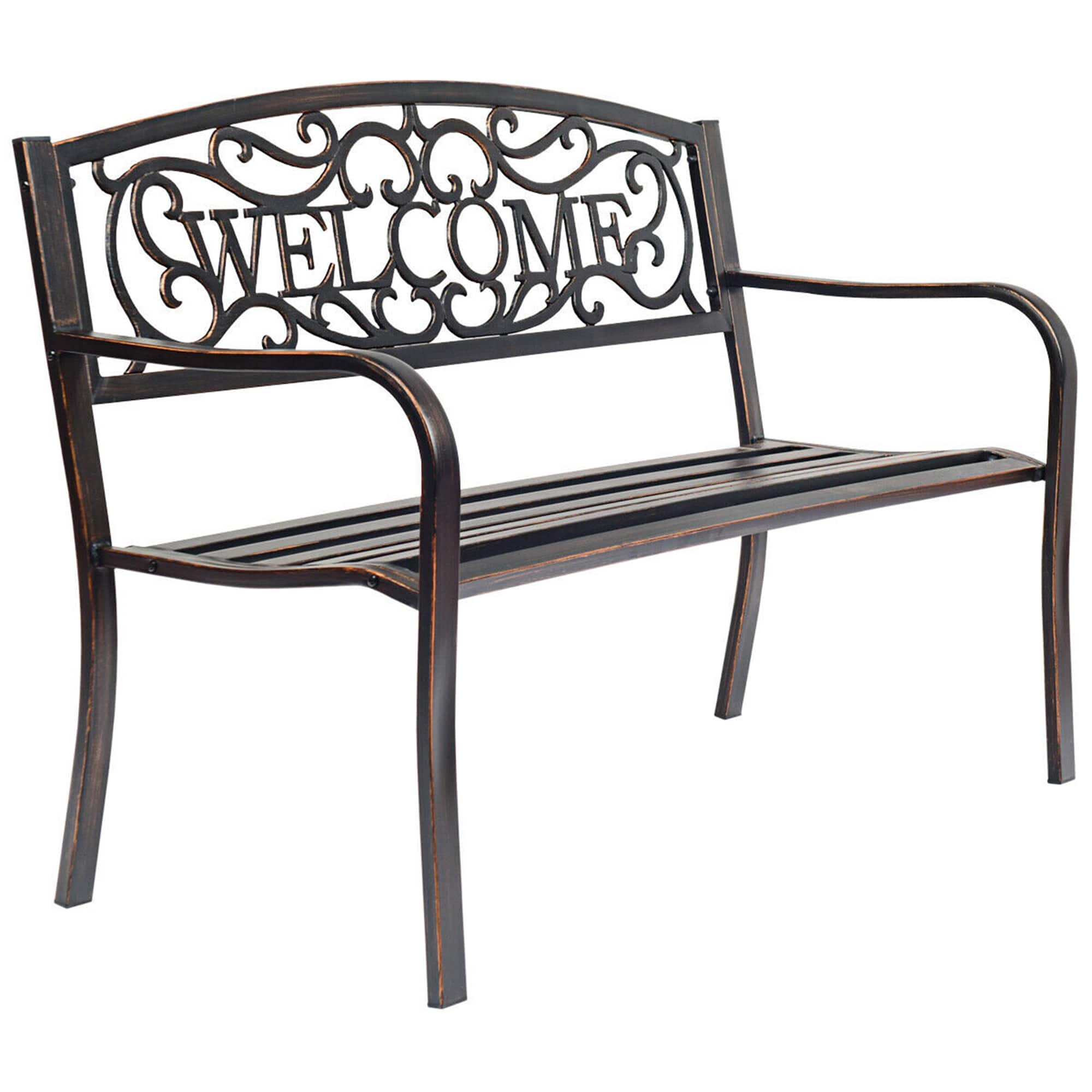 Gymax - Antique Metal Garden Bench Patio Park Outdoor w/ Armrest Welcome Pattern - Bronze