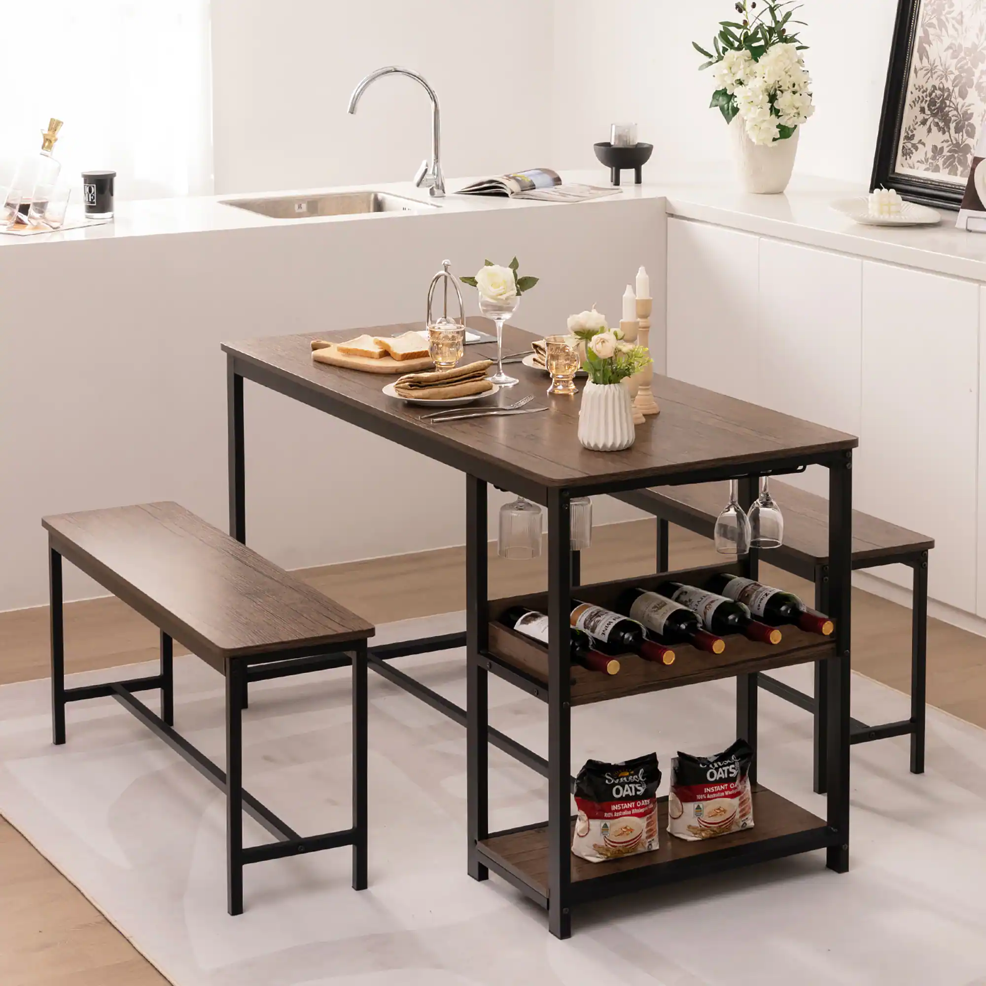 Gymax - 3PCS Rustic Kitchen Dining Set Includes Storage Rack w/ Rectangular Table & 2 Benches - Coffee, Black