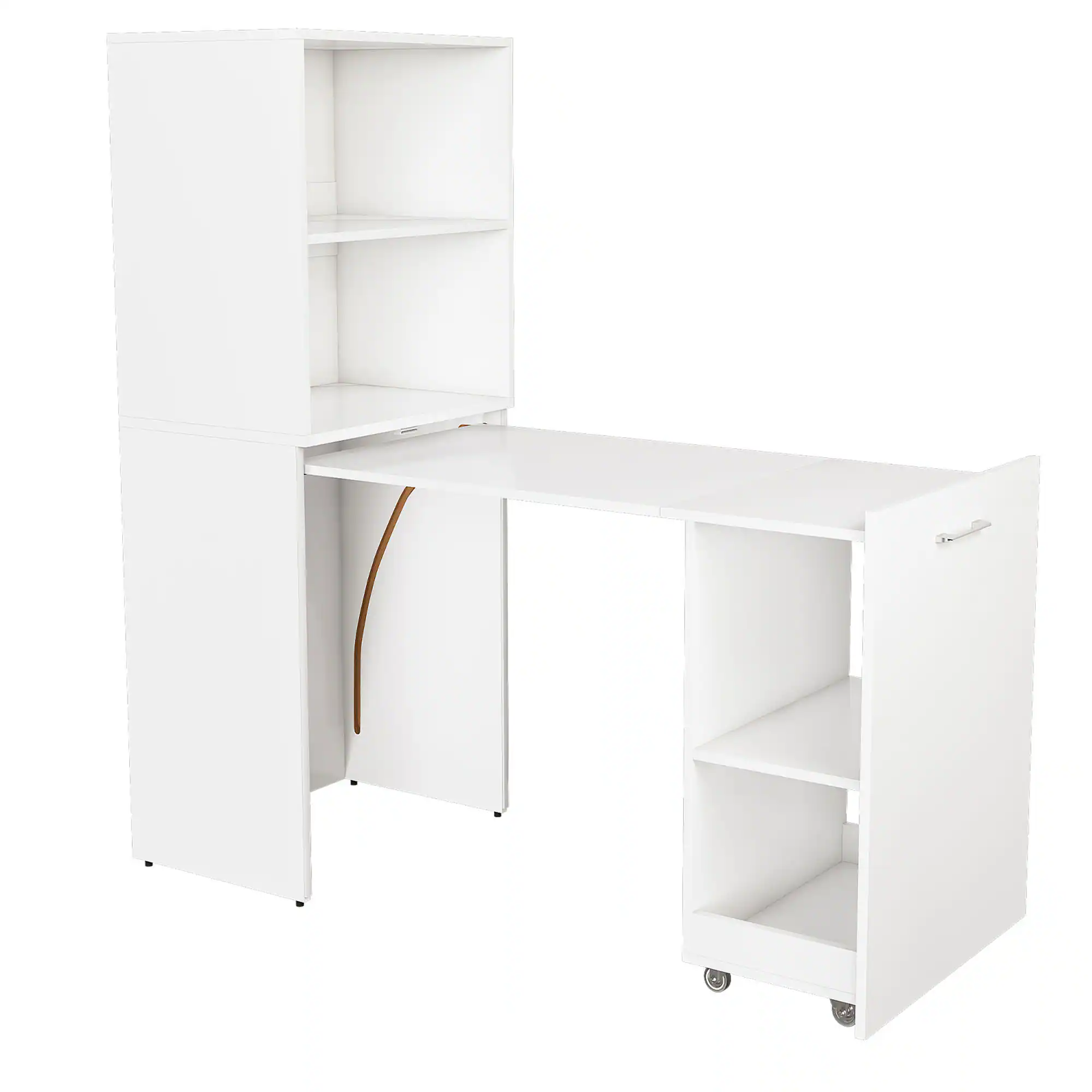Glintex - Foldable Office Desk with Storage Shelves and Wheels, Stretchable Computer Desk for Compact Home Office Spaces - White