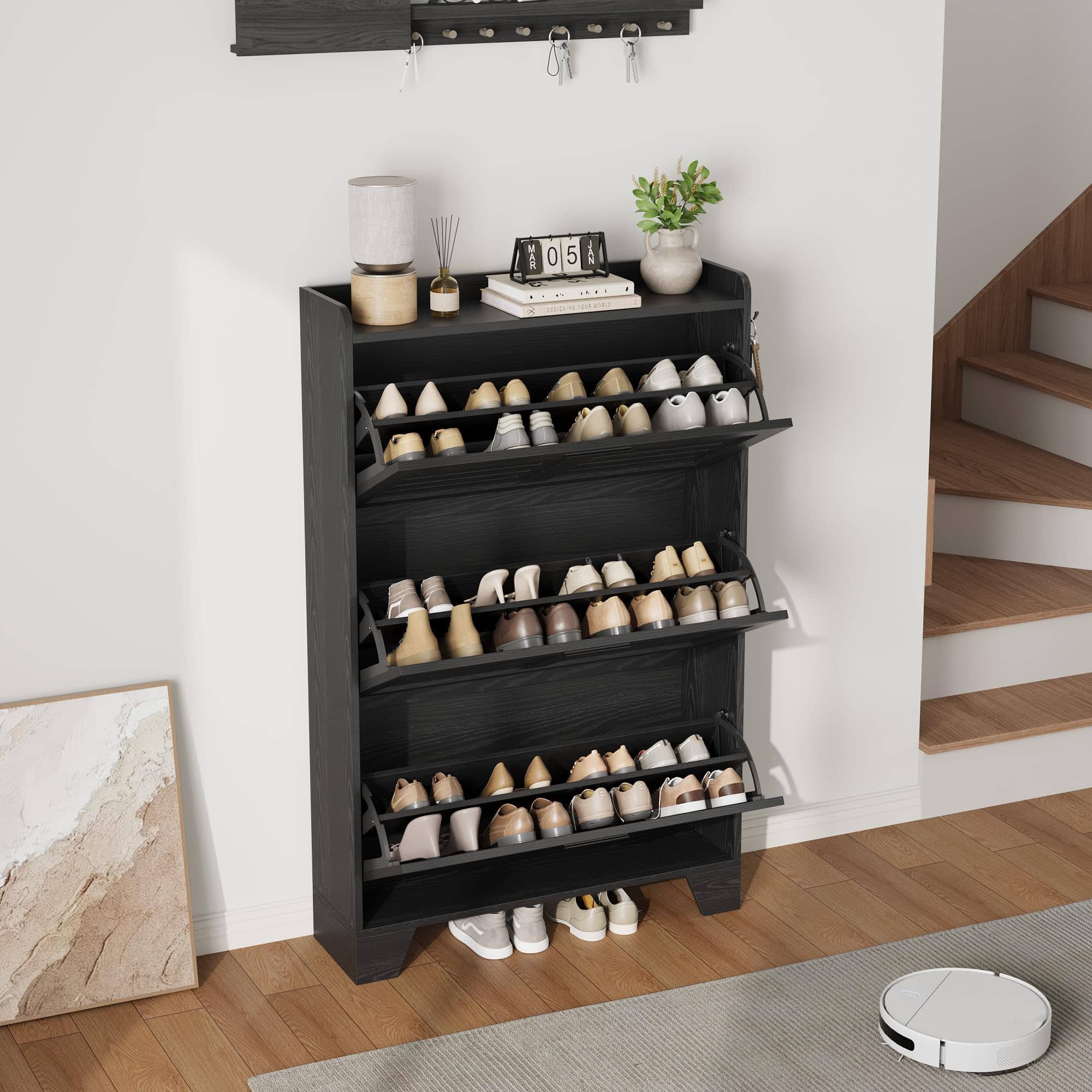 GARVEE - Modern Farmhouse Slim Shoe Cabinet for Entryway Wooden Shoe Storage Organizer with 3 Turn Drawers Narrow Space Saving - Black