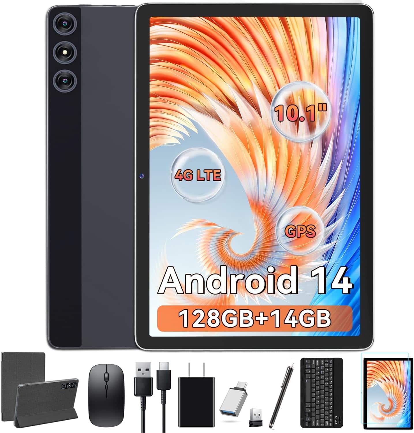 FEONAL - Tablet 10.1 Inch Android 14, Octa-Core, 128GB ROM 14GB RAM, 2025 Newest Tab with Keyboard - Gray