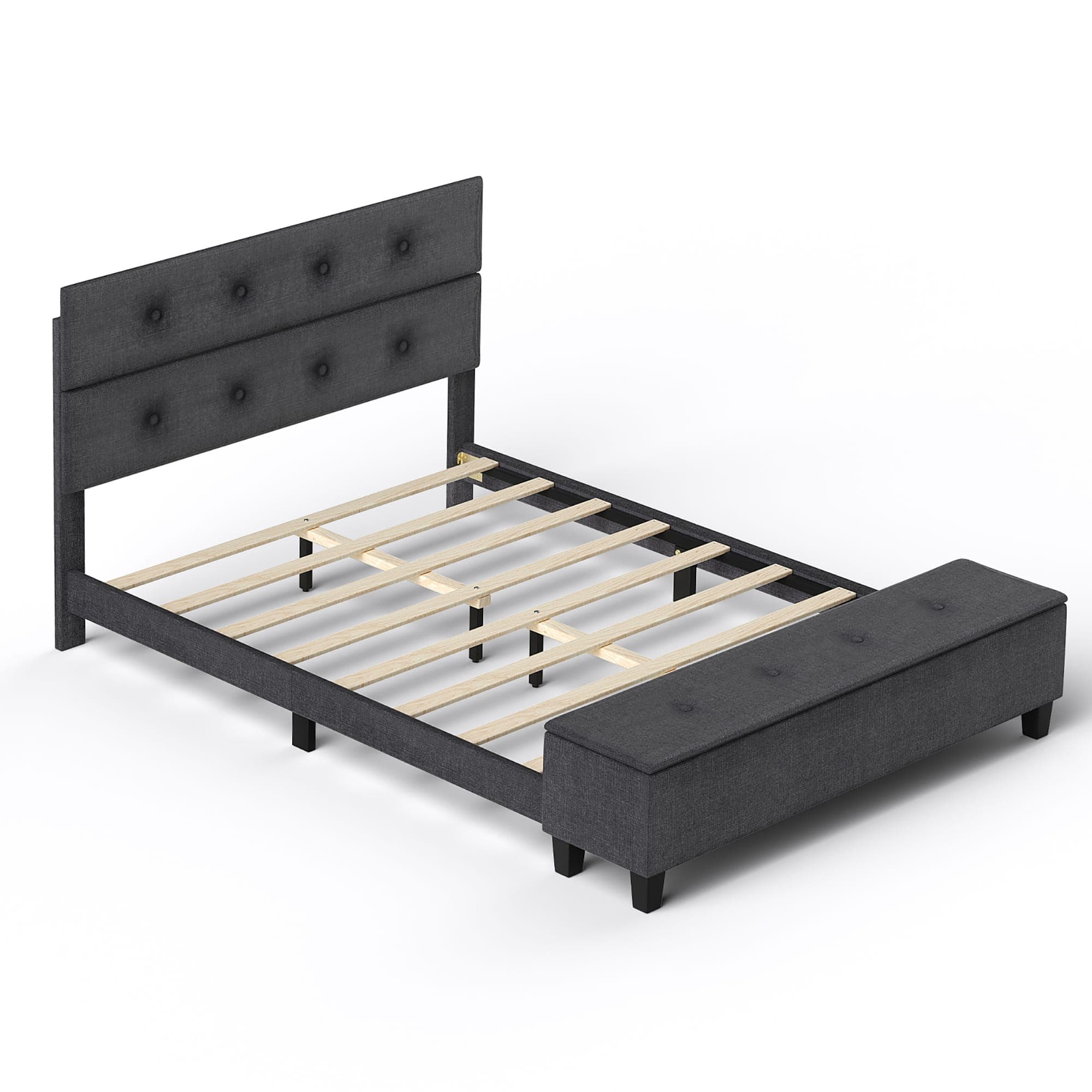 Costway - Full Upholstered Bed Frame with Ottoman Storage Linen Button Tufted Headboard - Gray