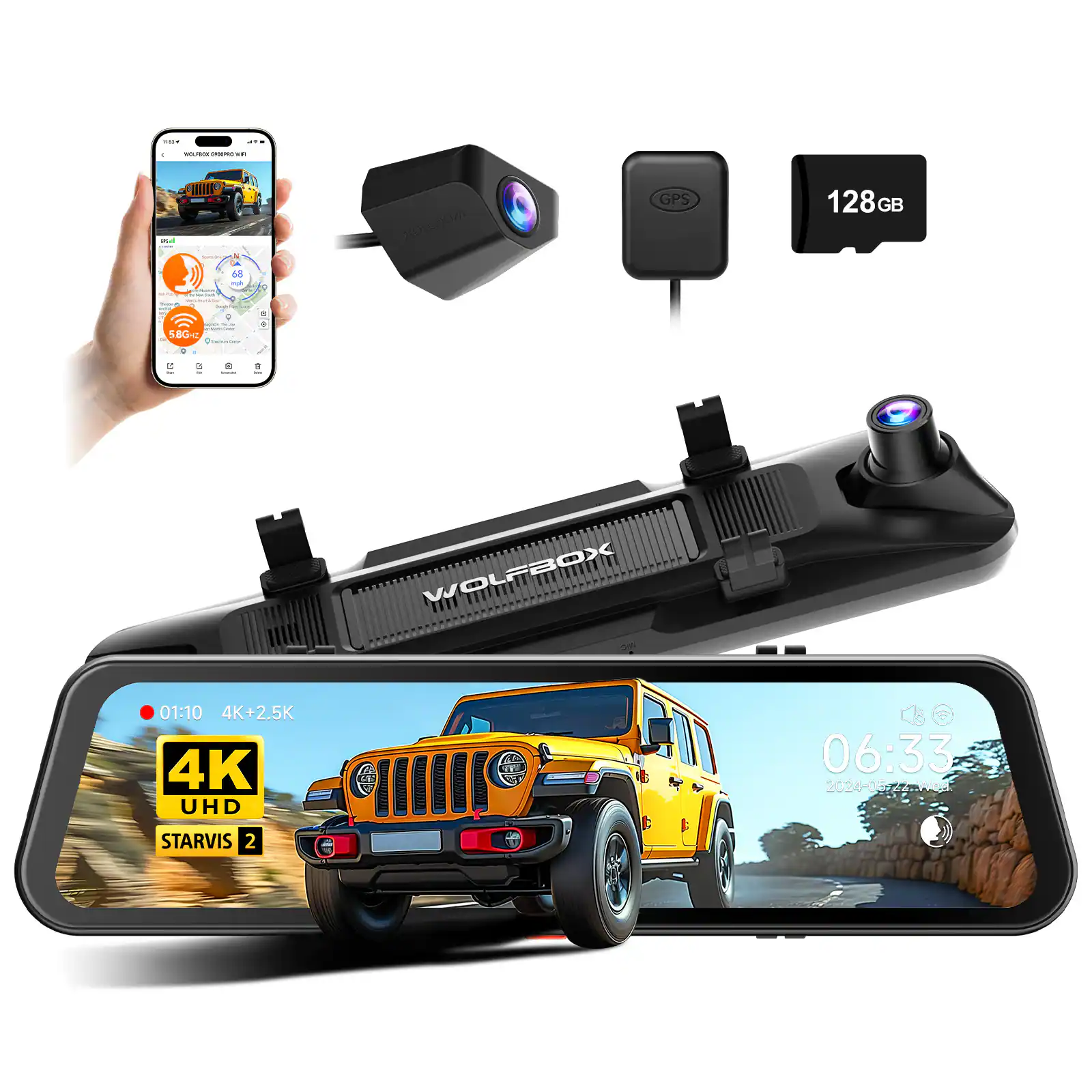 WOLFBOX - STARVIS 2 Sensor, 12'' Touch Screen, 4K(F)+2.5K(R) Rear View Mirror Dash Cam, 128GB Card, 5.8GHz WiFi, G-Sensor, GPS - Black