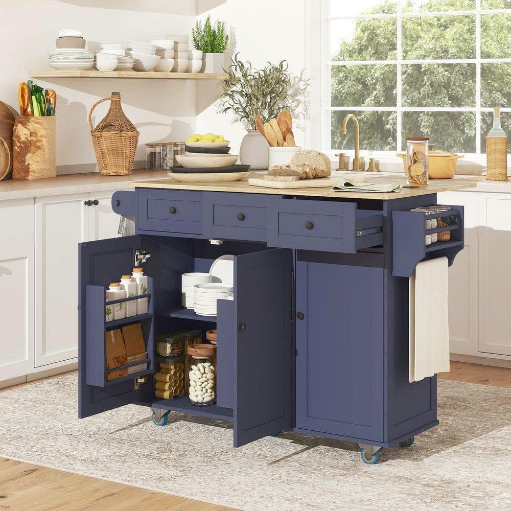 Kadyn - Mobile Kitchen Island with Drop-Leaf, Charging Station & Wood Top - Blue