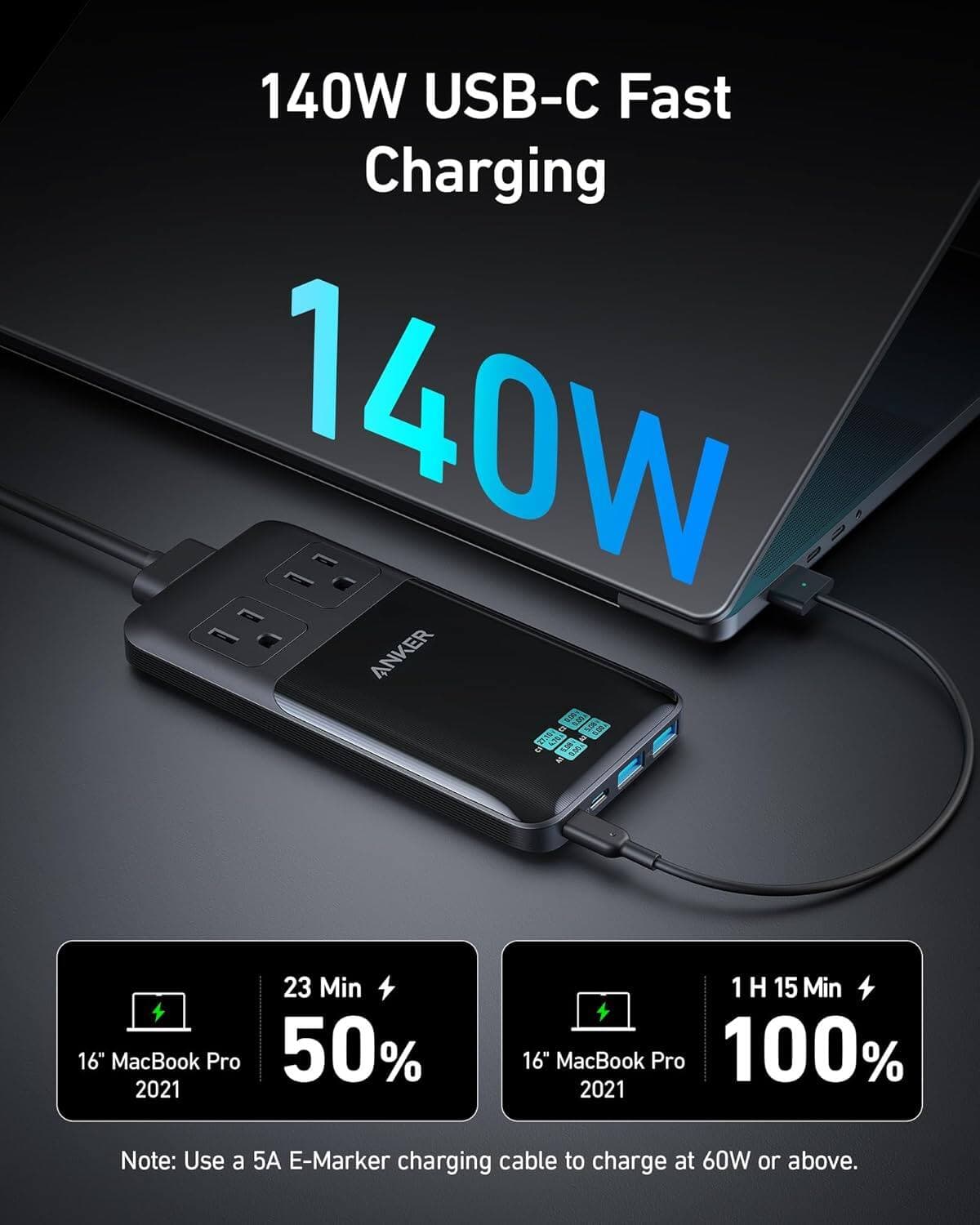 Anker - Prime 6-in-1 140W Compact Power Strip, USB C Charging Station for Work and Travel