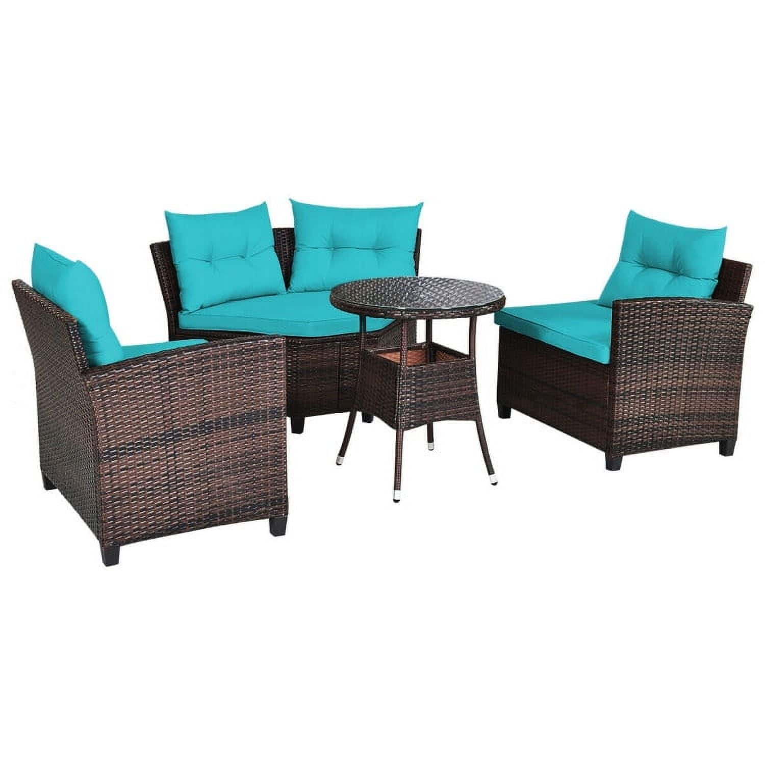 Pefilos - 4 Pieces Outdoor Cushioned PE Rattan Furniture Set-Turquoise, Wicker Furniture Conversation Sets, Coffee Table - Blue