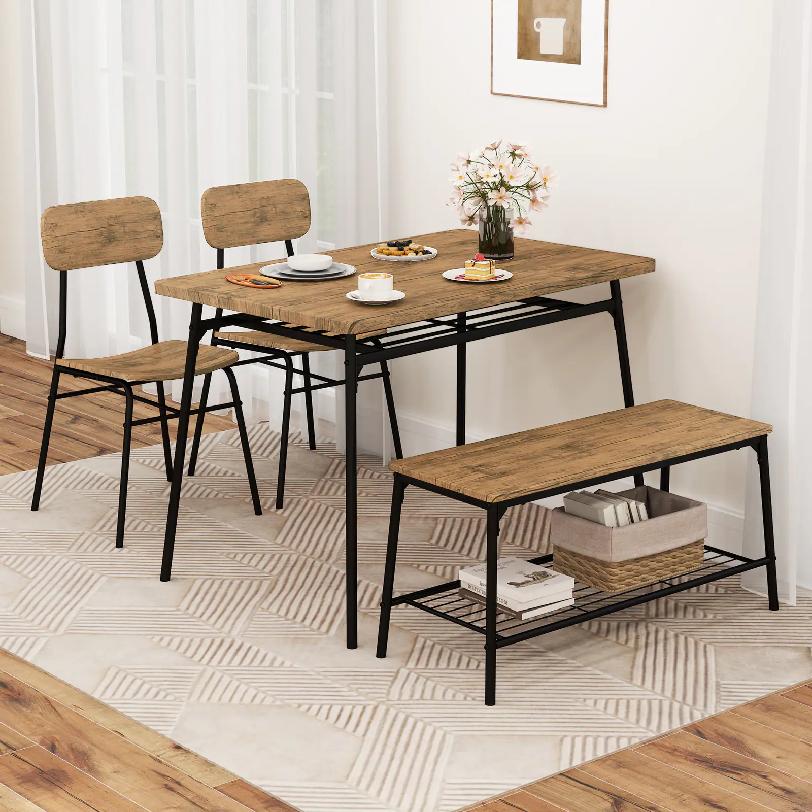 Gymax - Dining Table Set for 4 Dining Room Kitchen Table w/ Bench 2 Chairs 4-Piece Set - Brown,Black